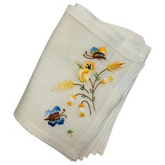 Retro One Dozen Linen Cocktail Napkins with Silk Embroidered Flowers and Butterflies