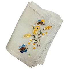 Vintage One Dozen Linen Cocktail Napkins with Silk Embroidered Flowers and Butterflies