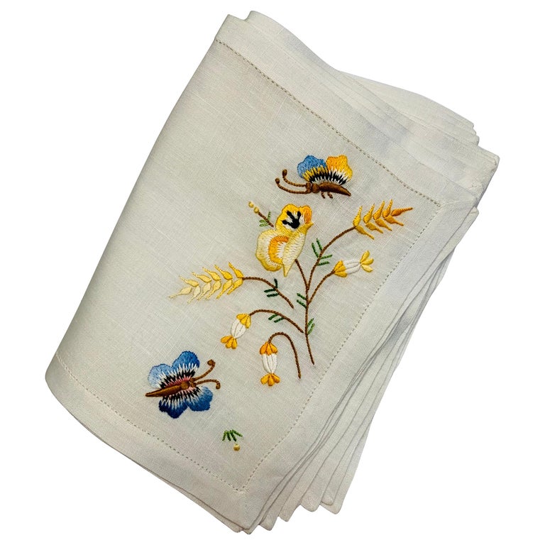 One Dozen Linen Cocktail Napkins with Silk Embroidered Flowers and