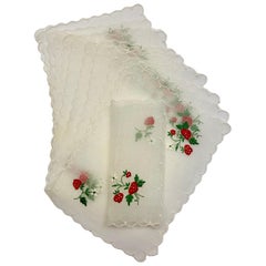 One Dozen White Organdy Cocktail Napkins with Embroidered Red Strawberries