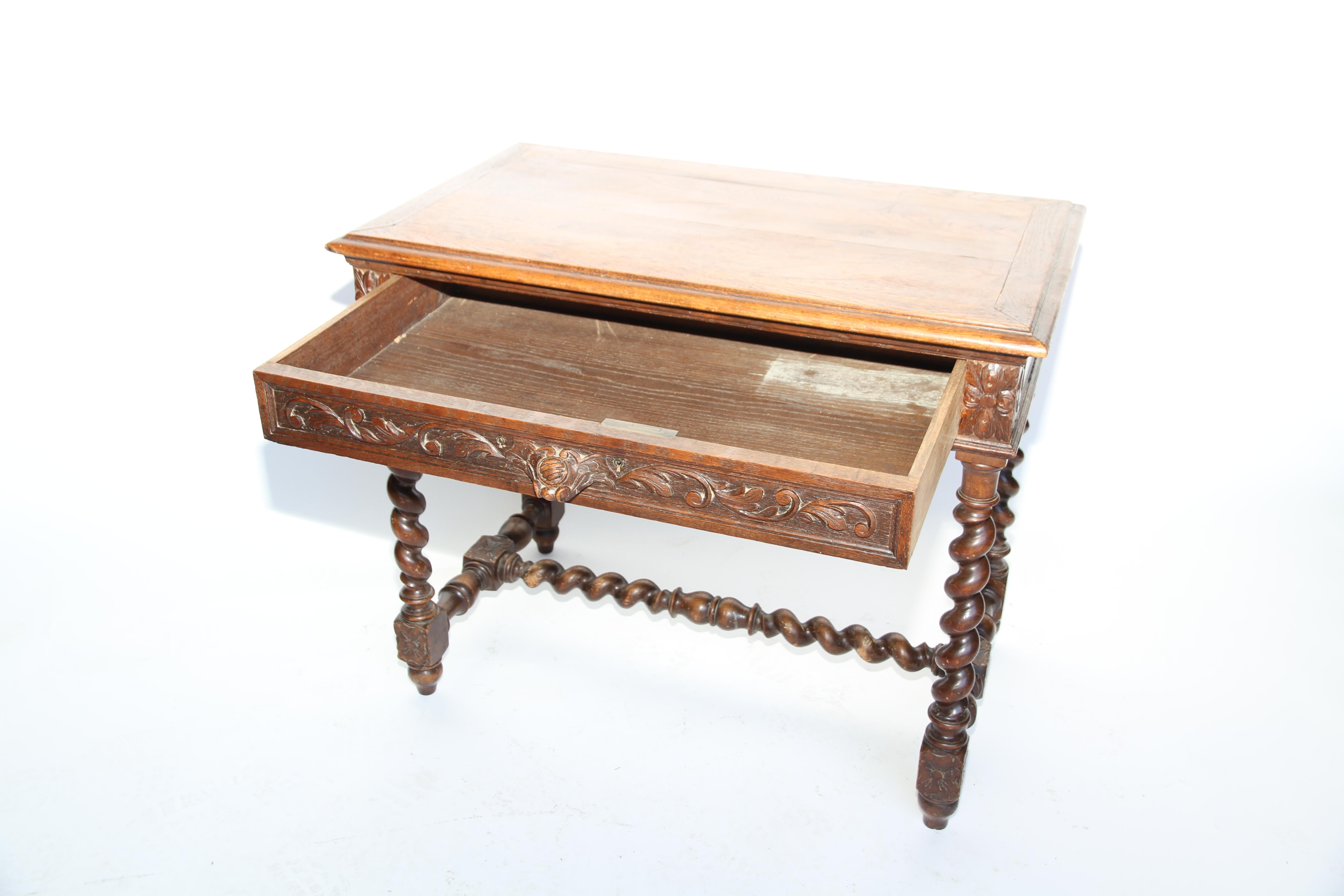 French One Drawer Oak Carved Twist Leg Table