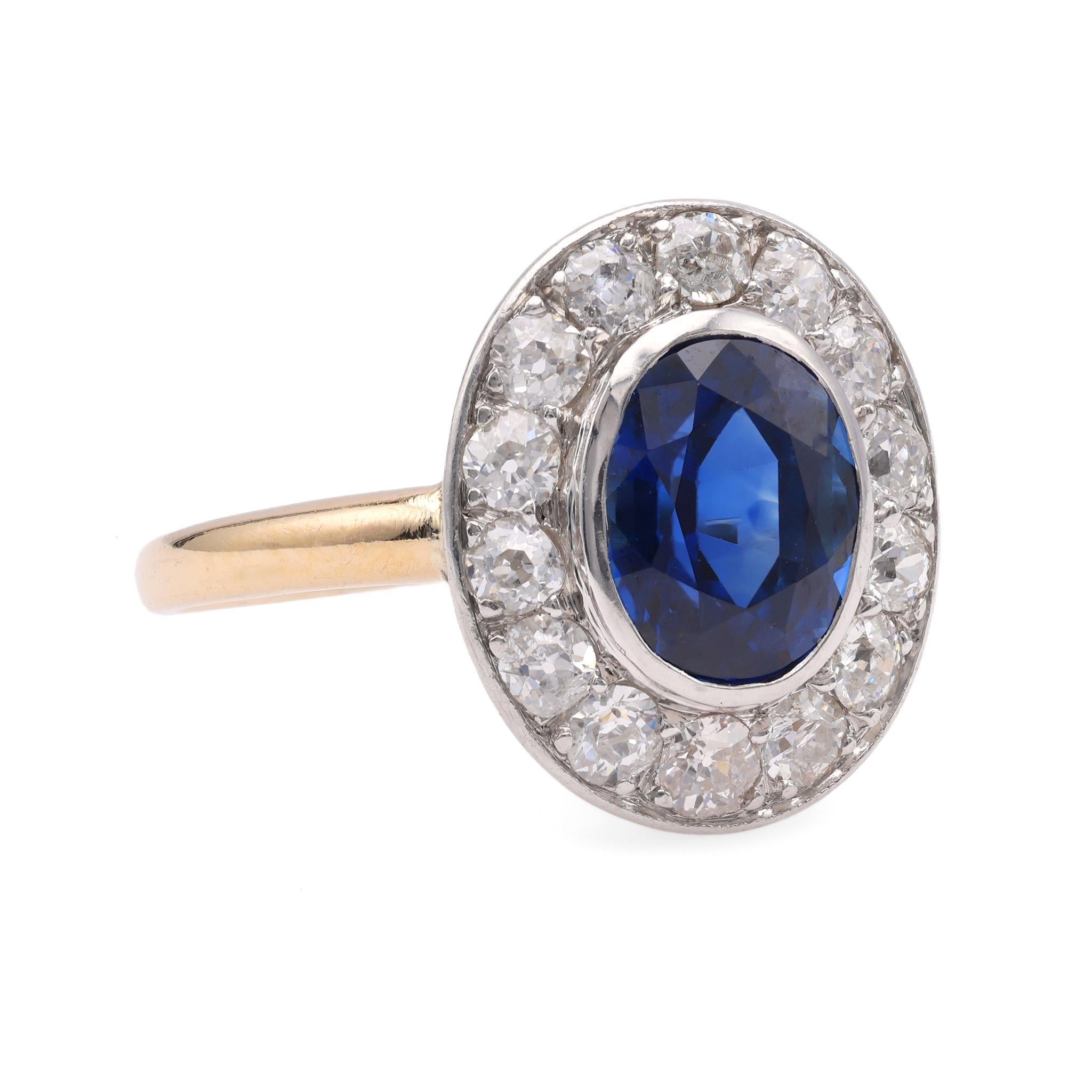 Mixed Cut One Edwardian Sapphire Diamond 18k Yellow Gold Platinum Cluster Ring For Sale