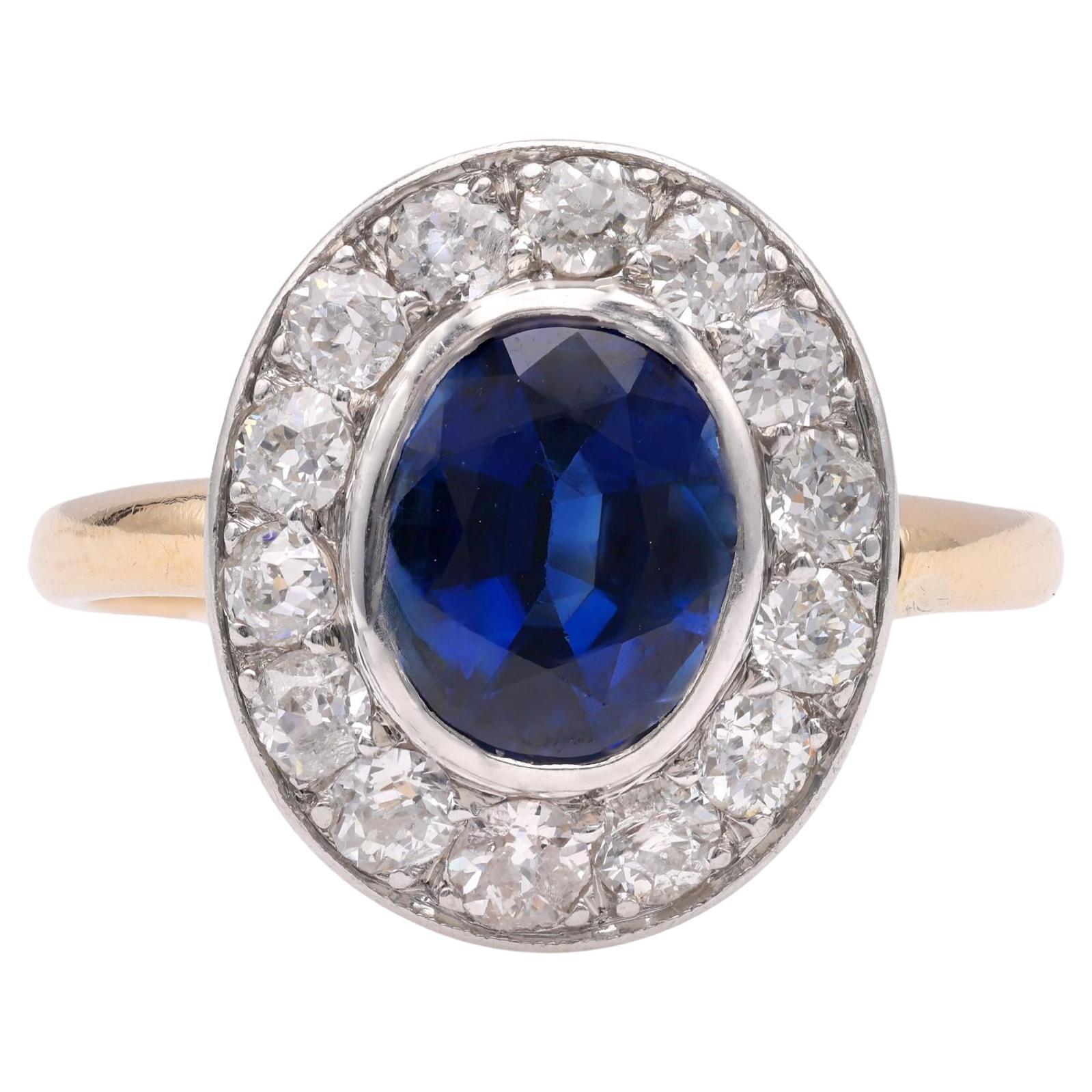 One Edwardian Sapphire Diamond 18k Yellow Gold Platinum Cluster Ring For Sale