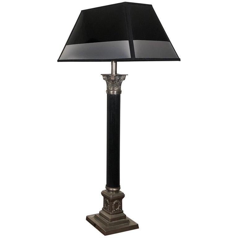 One Empire Style Silvered and Black Engraved Metal Table Lamp, France, 1930s For Sale 7