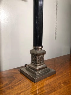 One Empire Style Silvered and Black Engraved Metal Table Lamp, France, 1930s