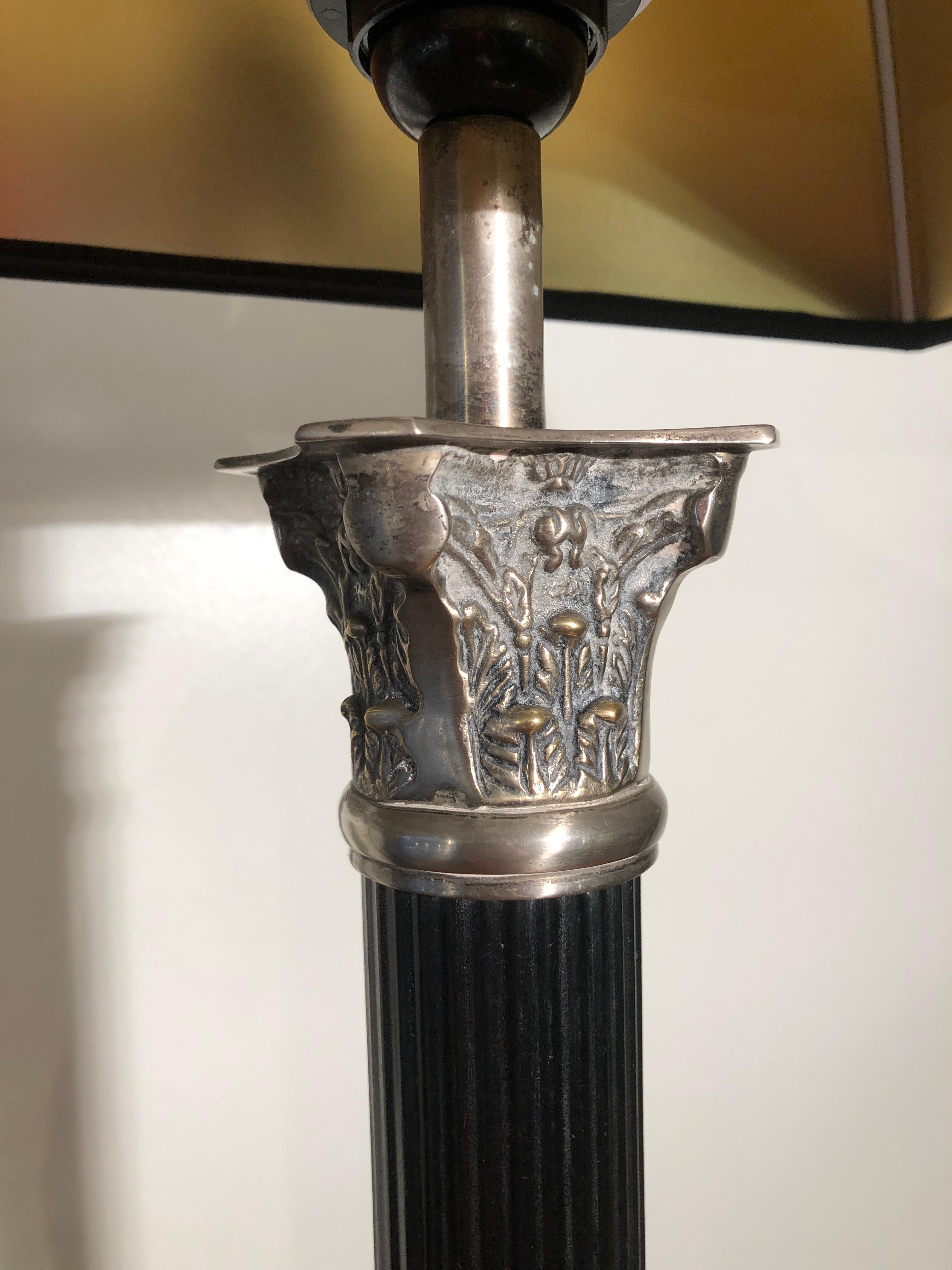 One Empire Style Silvered and Black Engraved Metal Table Lamp, France, 1930s 2