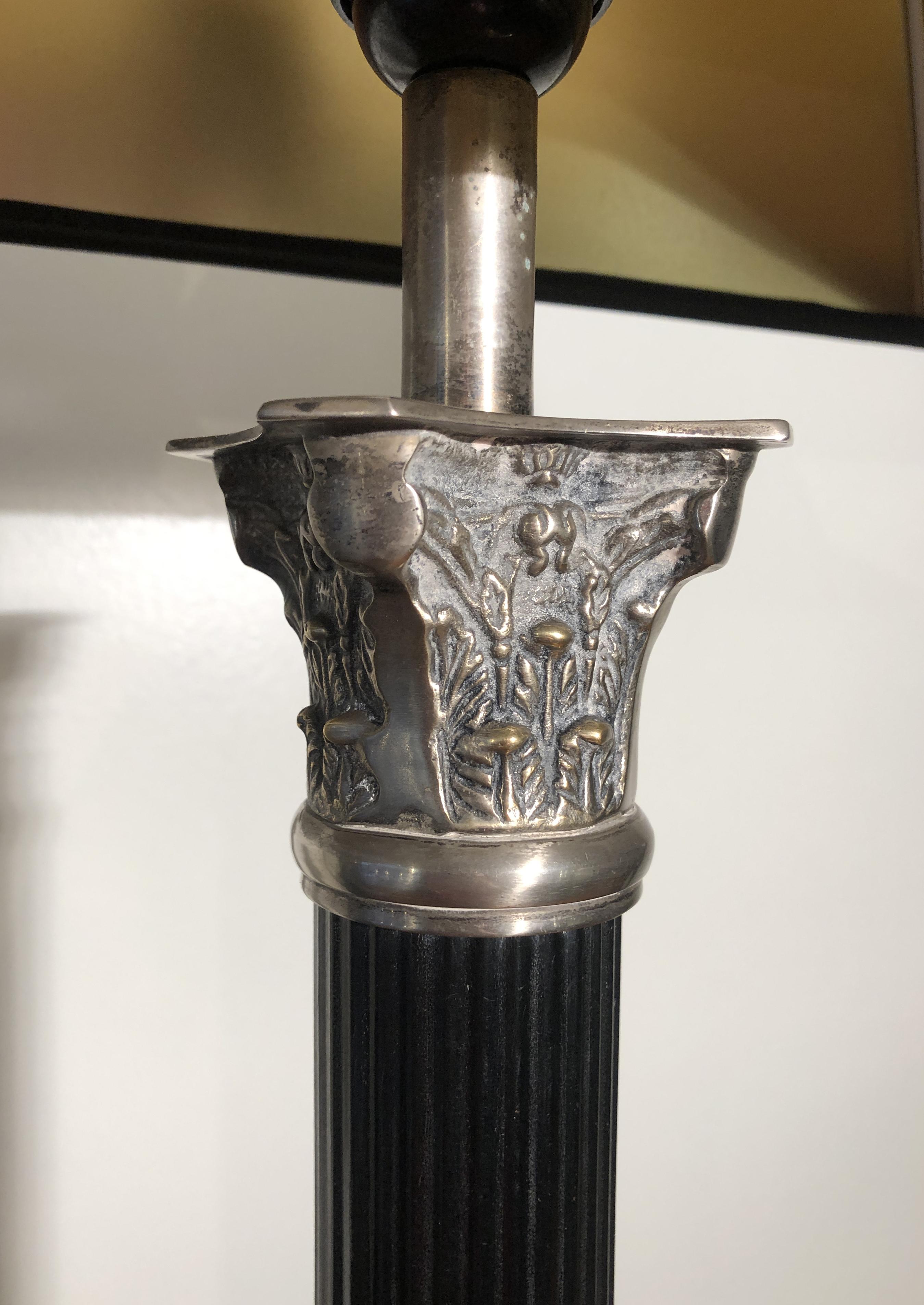 One Empire Style Silvered and Black Engraved Metal Table Lamp, France, 1930s 3