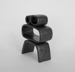 "One Eye" Metallic Black Hand-Built Ceramic Sculpture with Hollow Rings on Legs