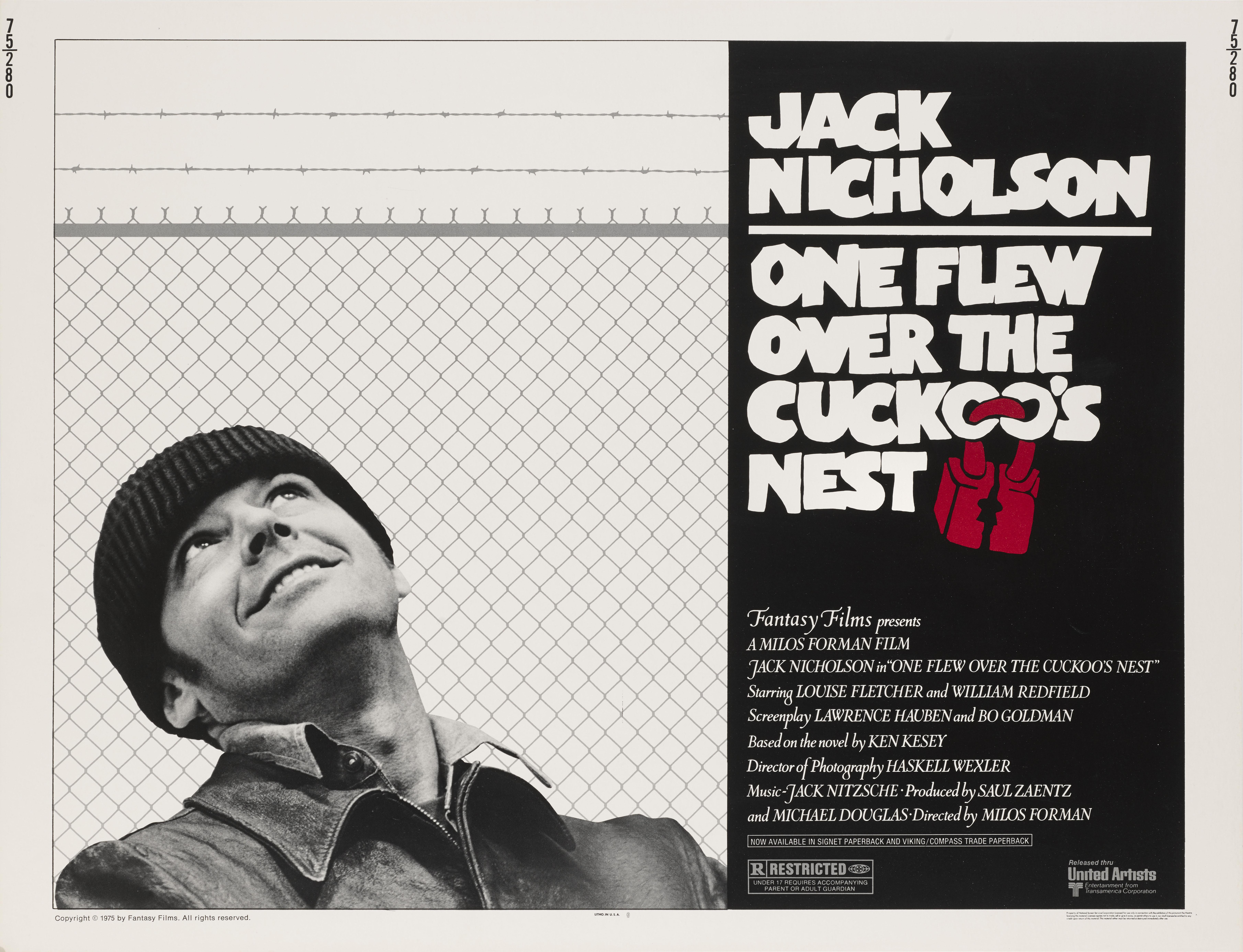 Cartel de cine original de EE.UU. para el clásico de Milos Forman de 1975 protagonizado por Jack Nicholson. La película fue el segundo título de la historia en ganar los cinco premios principales de la Academia: mejor película, actor, actriz,