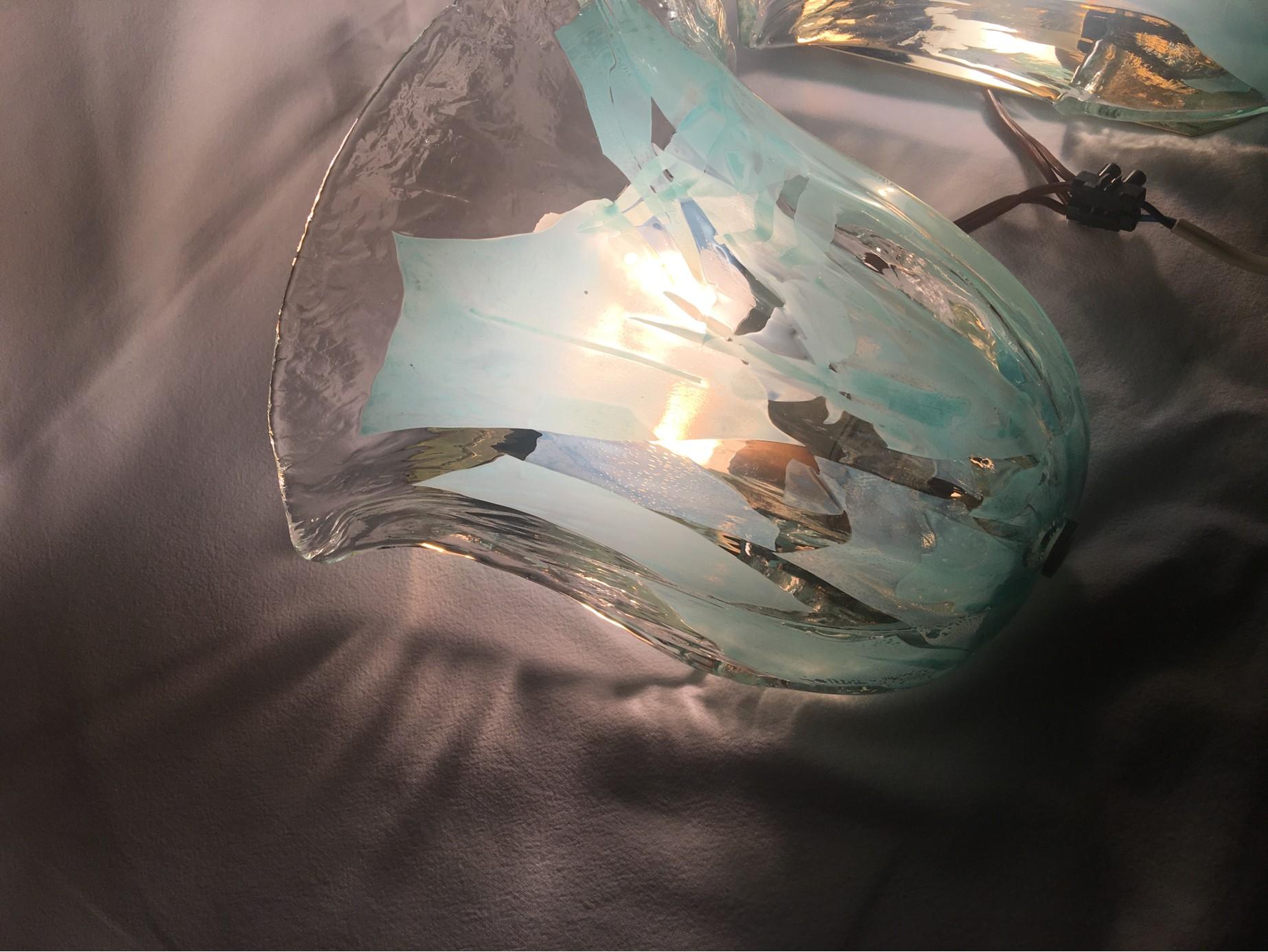 Italian One Great Looking Set of Clear and Turquoise Murano Glass Sconces For Sale