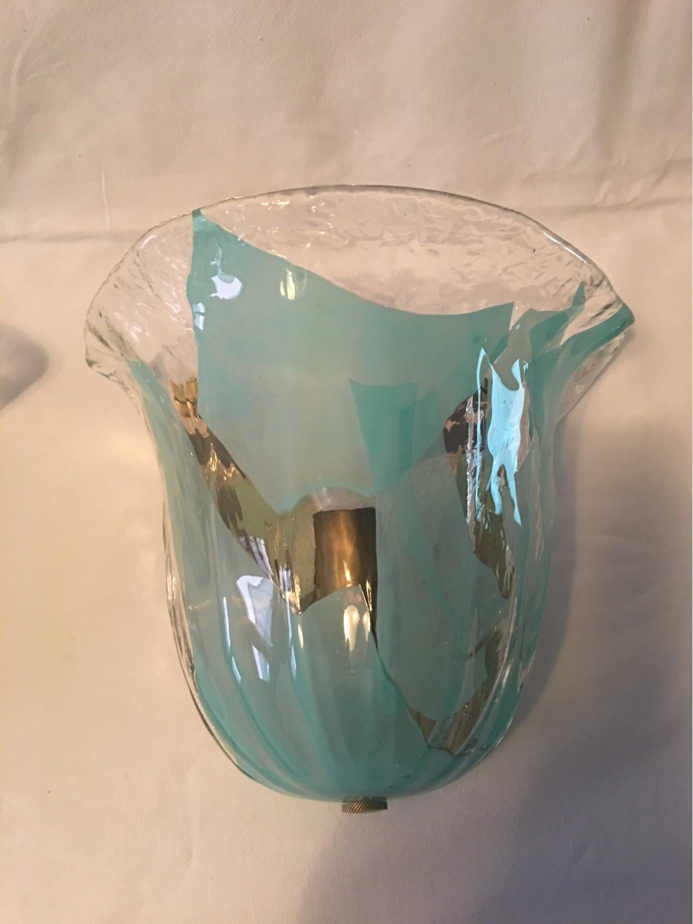 One Great Looking Set of Clear and Turquoise Murano Glass Sconces In Good Condition For Sale In Frisco, TX