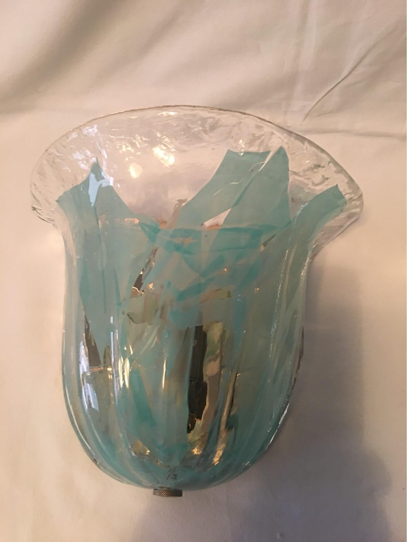 Late 20th Century One Great Looking Set of Clear and Turquoise Murano Glass Sconces For Sale