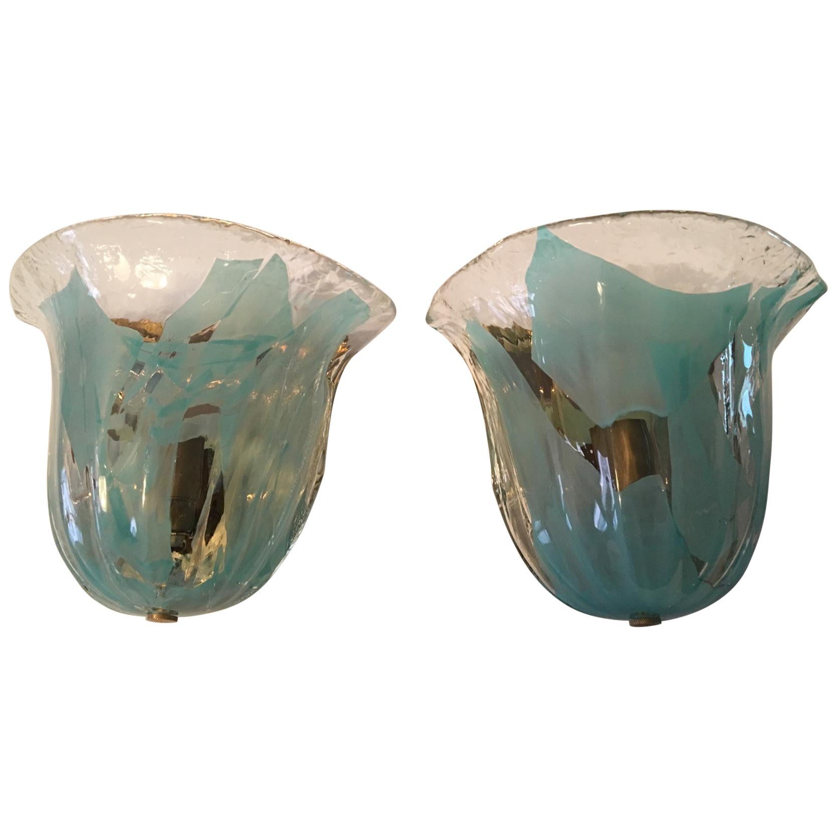One Great Looking Set of Clear and Turquoise Murano Glass Sconces For Sale