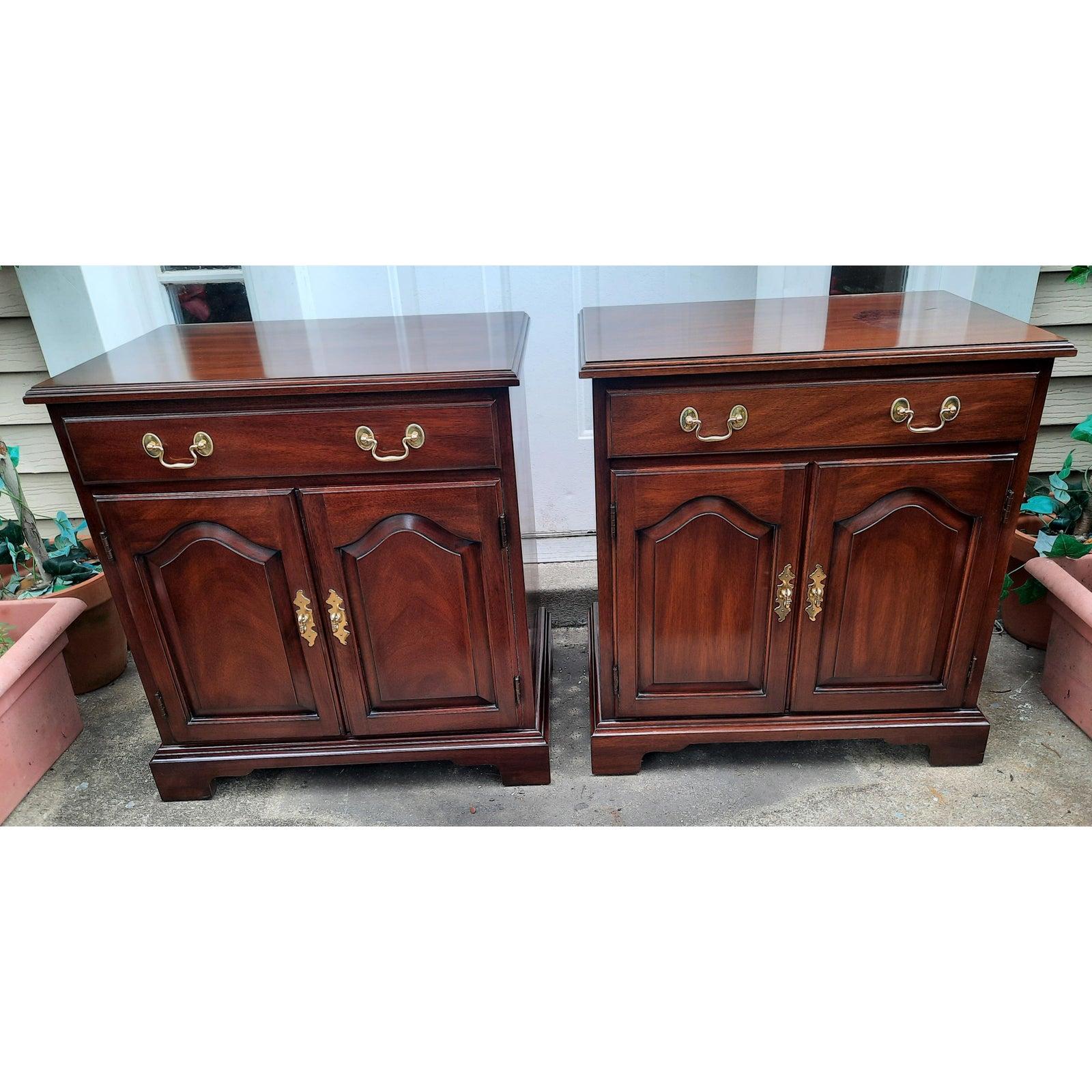 Henkel Harris solid mahogany nightstand. One Drawer over 2 solid French door panels. 
One half shelf separates the large storage area, and leaving some space to store large items.
Just one left. 
Measures 24