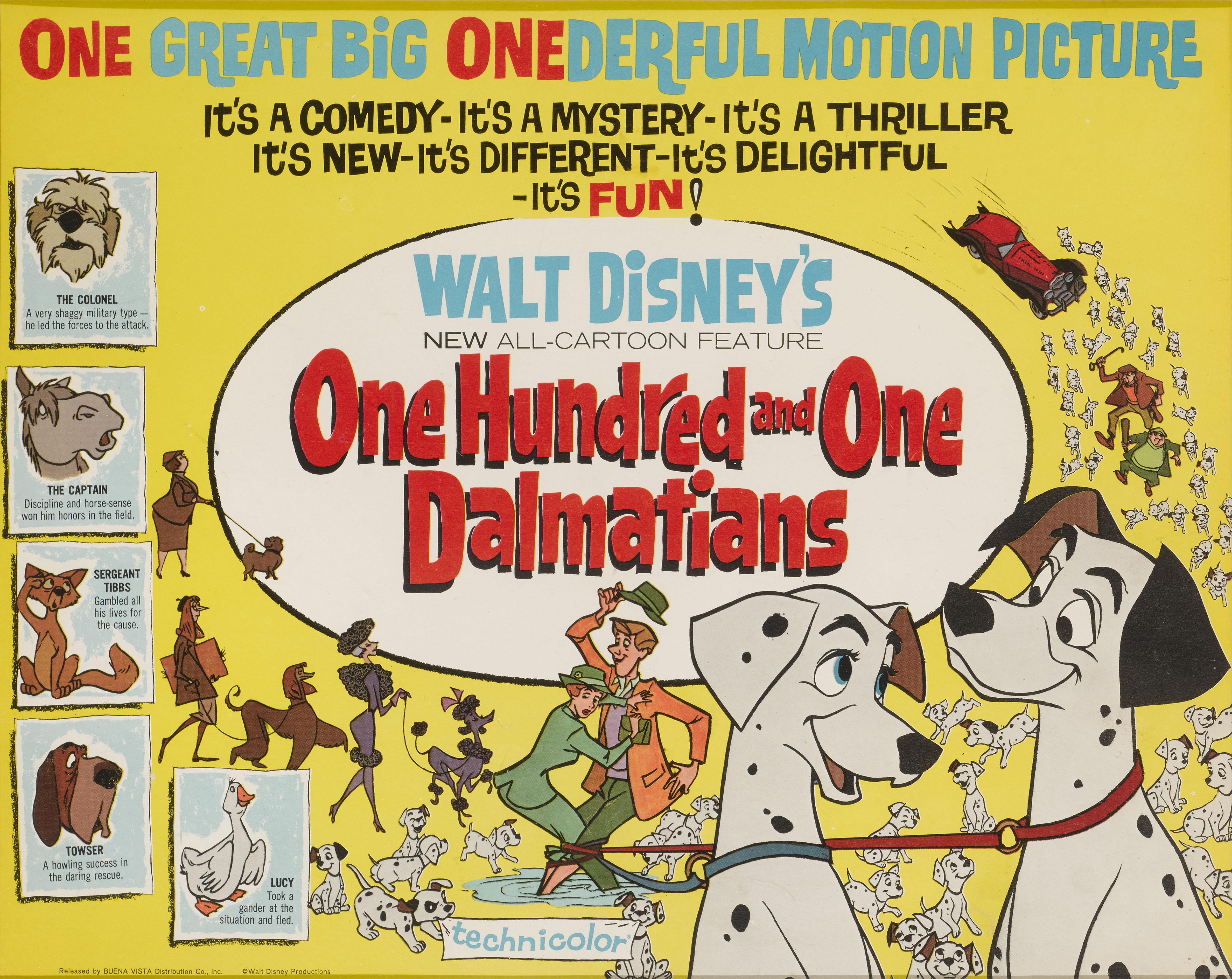 Original US Title lobby card for the 1961 Disney animation One Hundred and One Dalmatians.
This film was was directed Clyde Geronimi and Hamilton Luske.
The piece is conservation framed with UV plexiglass in a Tulip wood frame with acid free card