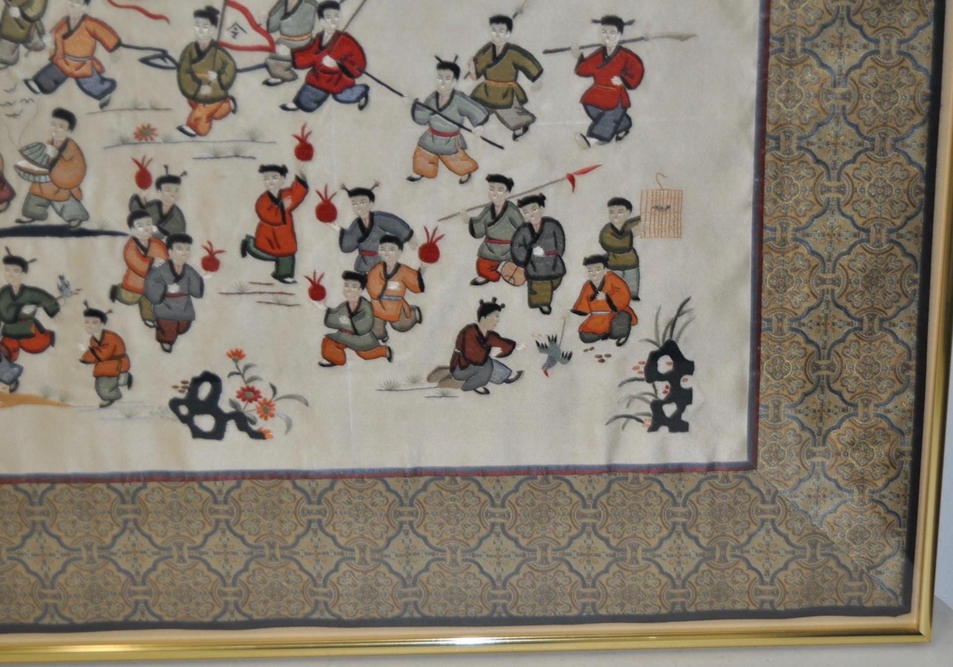 Chinese Export One Hundred Chinese Boys at Play Silk Embroidery, circa 1930s