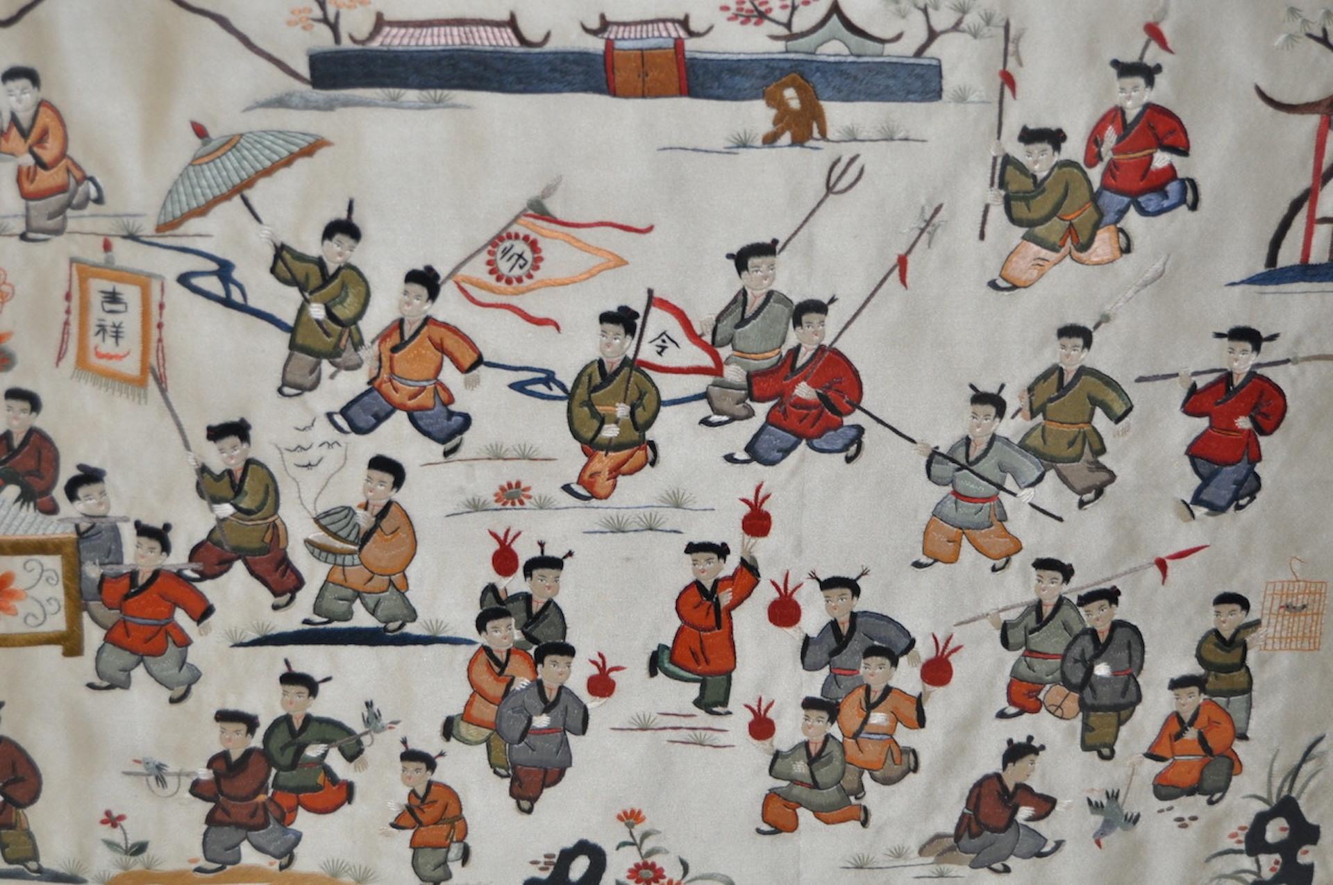 Hand-Crafted One Hundred Chinese Boys at Play Silk Embroidery, circa 1930s