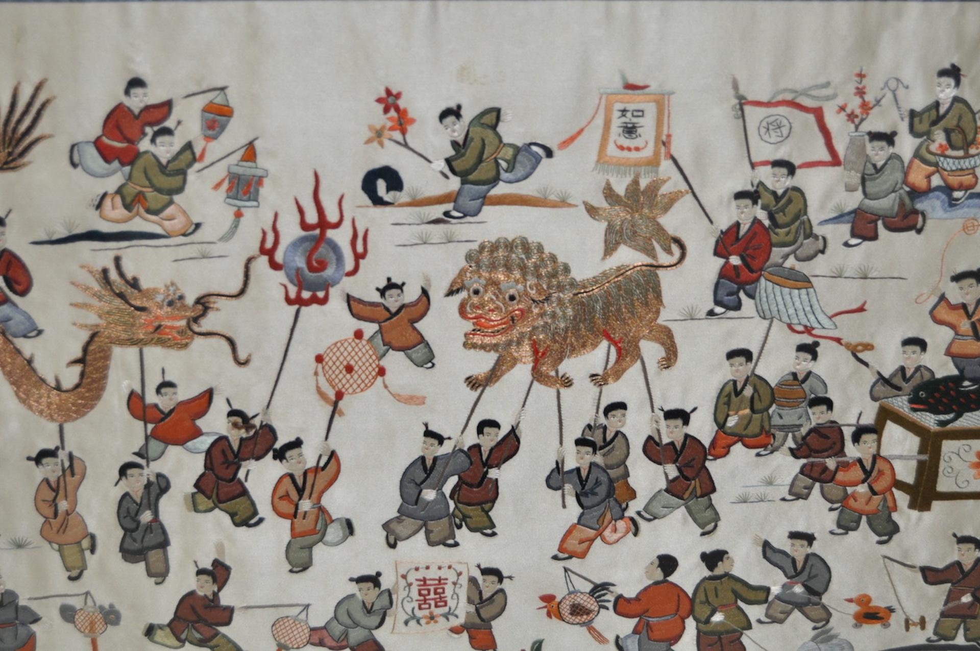 One Hundred Chinese Boys at Play Silk Embroidery, circa 1930s In Good Condition In San Francisco, CA