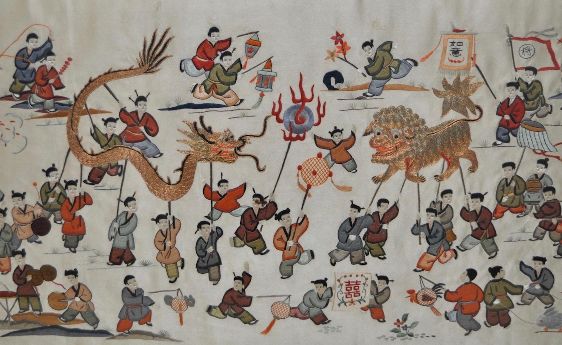 20th Century One Hundred Chinese Boys at Play Silk Embroidery, circa 1930s