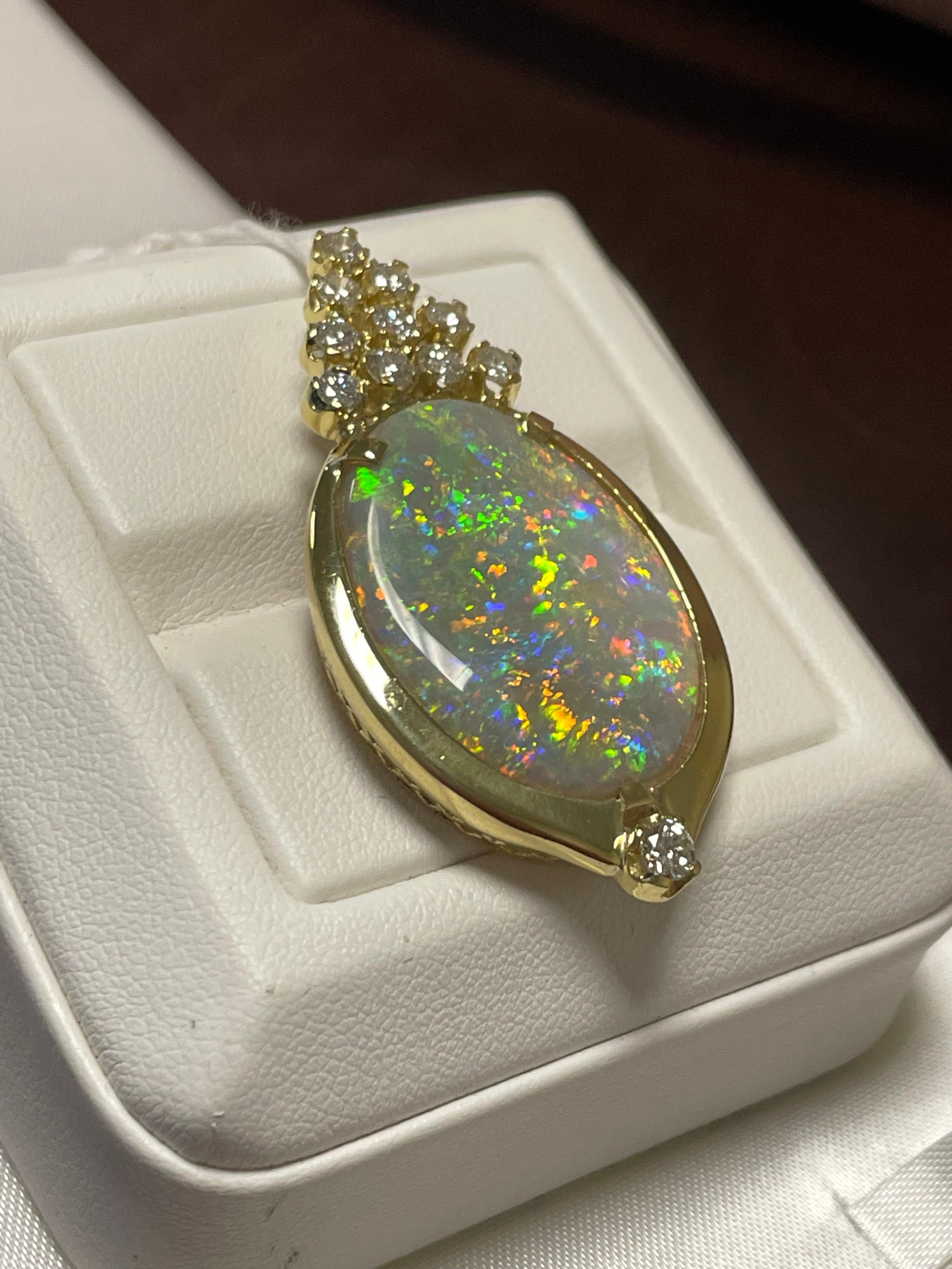 Art Deco One Lady's Black Opal and Diamonds Pendant in 18k Yellow Gold  For Sale