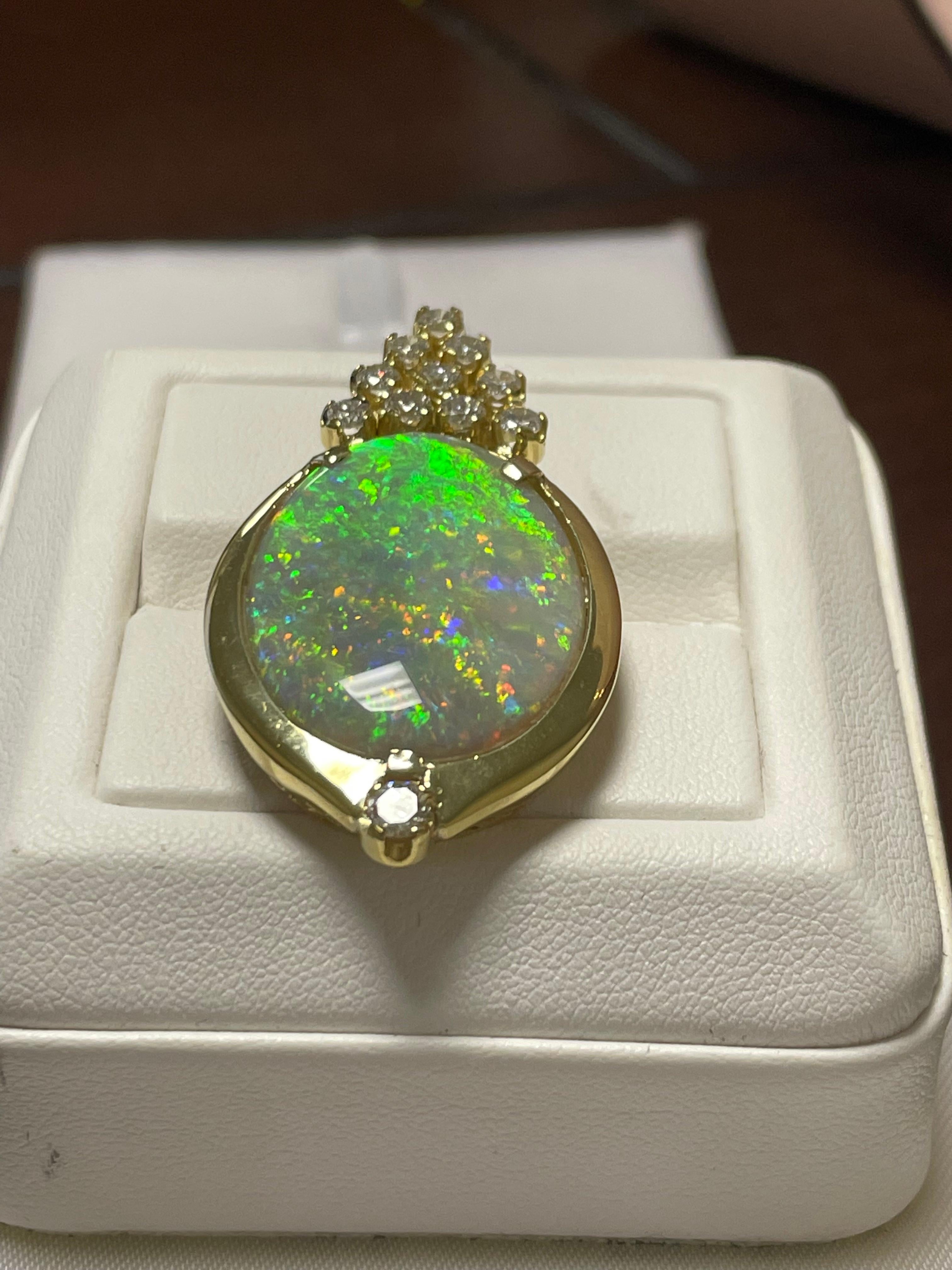 Cabochon One Lady's Black Opal and Diamonds Pendant in 18k Yellow Gold  For Sale