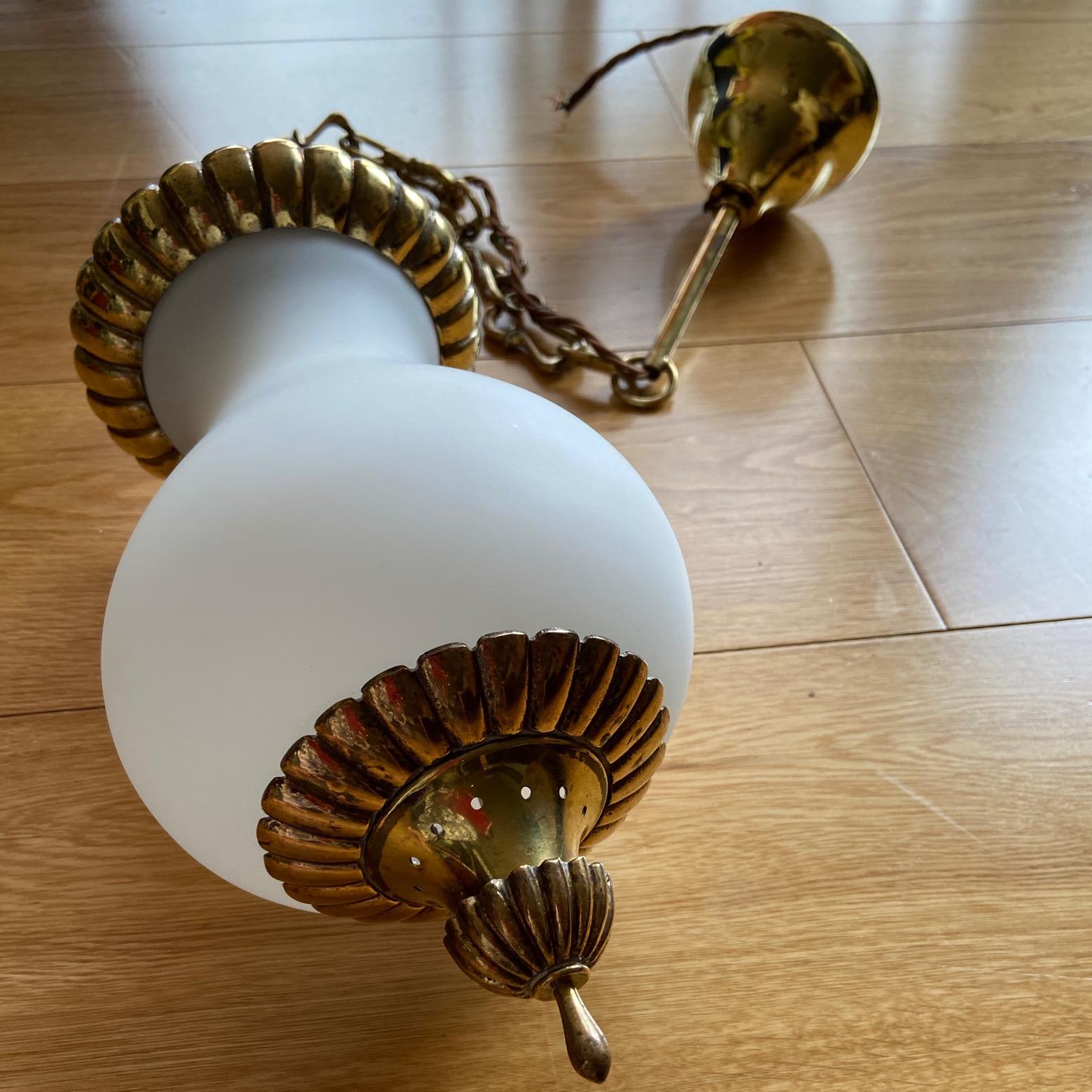 Mid-Century Modern One Large and One Small Glass and Brass Lanterns or Pendant Lights