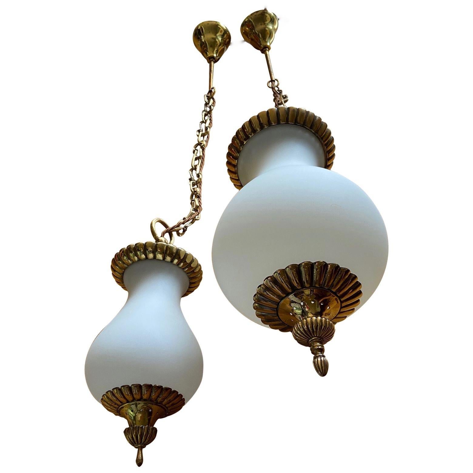 One Large and One Small Glass and Brass Lanterns or Pendant Lights In Good Condition In London, GB