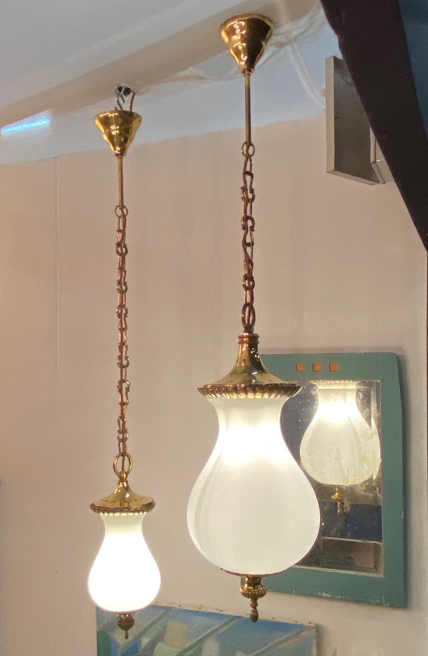One Large and One Small Glass and Brass Lanterns or Pendant Lights 4