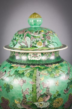 One Large Chinese Porcelain Famille Verte Covered Vase on Stand, circa 1860