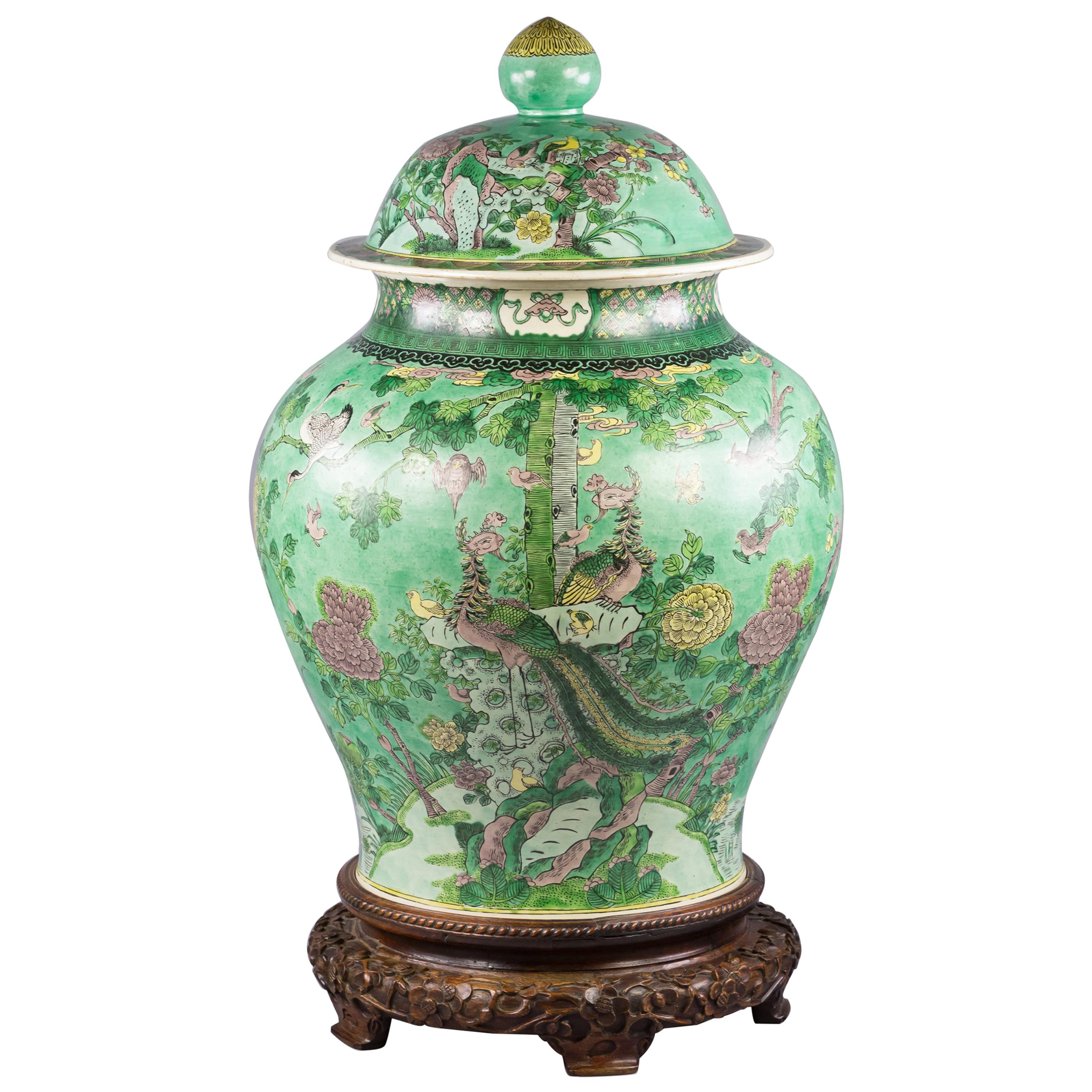 One Large Chinese Porcelain Famille Verte Covered Vase on Stand, circa ...