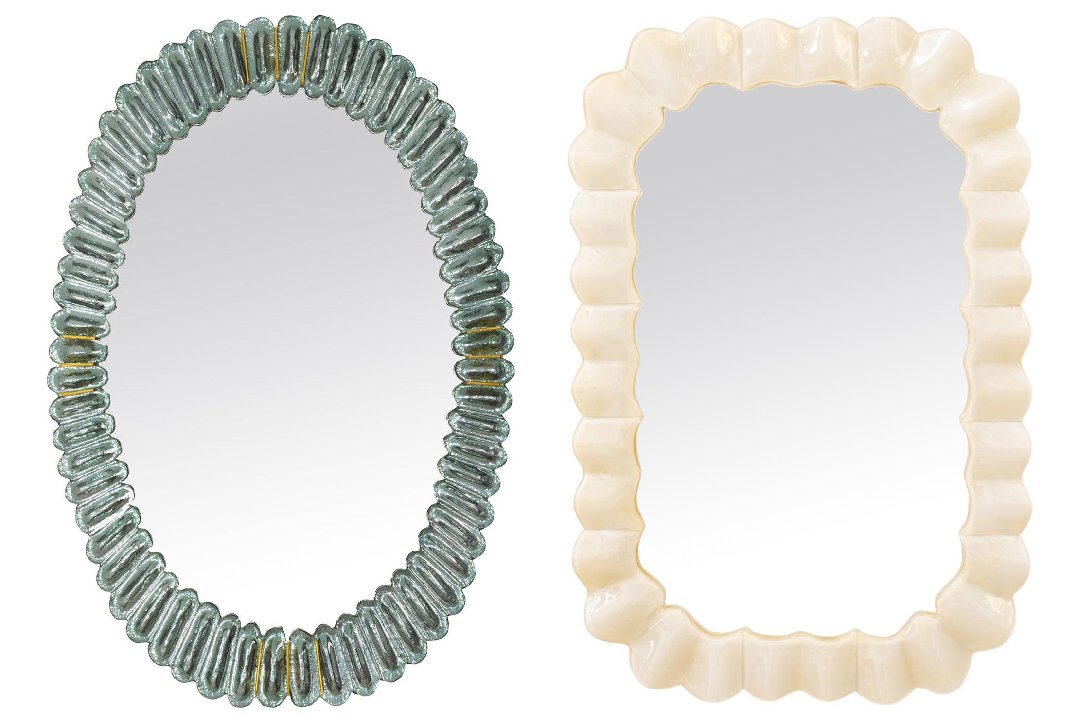 One Large Oval Aqua Murano Glass & One Modern Italian High-Gloss Cream Mirrors