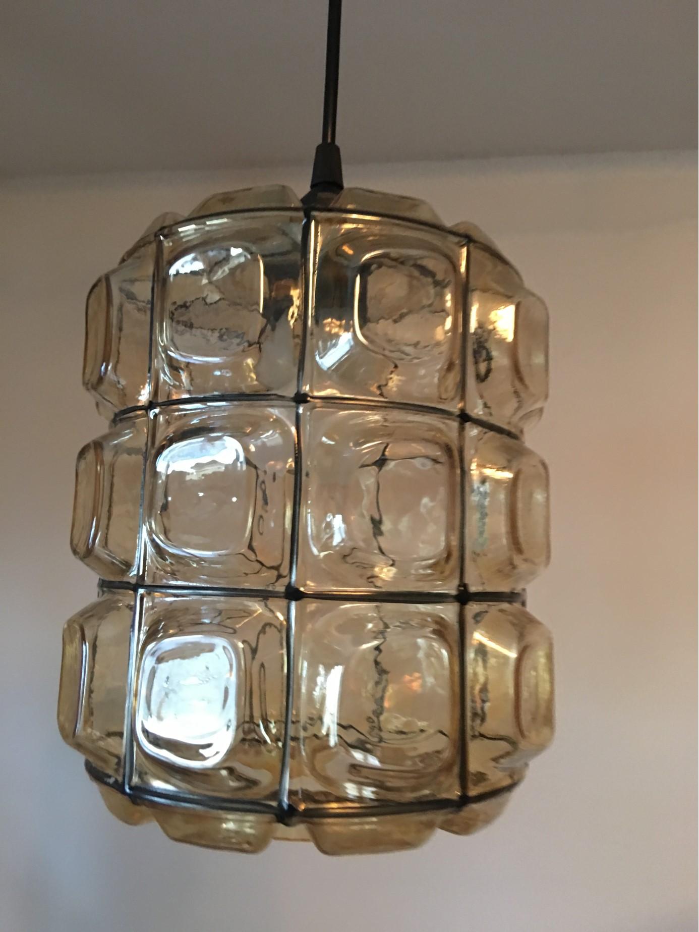 One Lovely Pair of German Limburg Style Glass Pendant Lamps In Good Condition For Sale In Frisco, TX