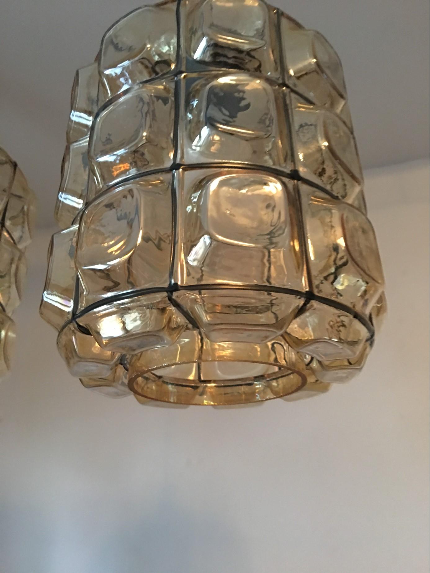Metal One Lovely Pair of German Limburg Style Glass Pendant Lamps For Sale