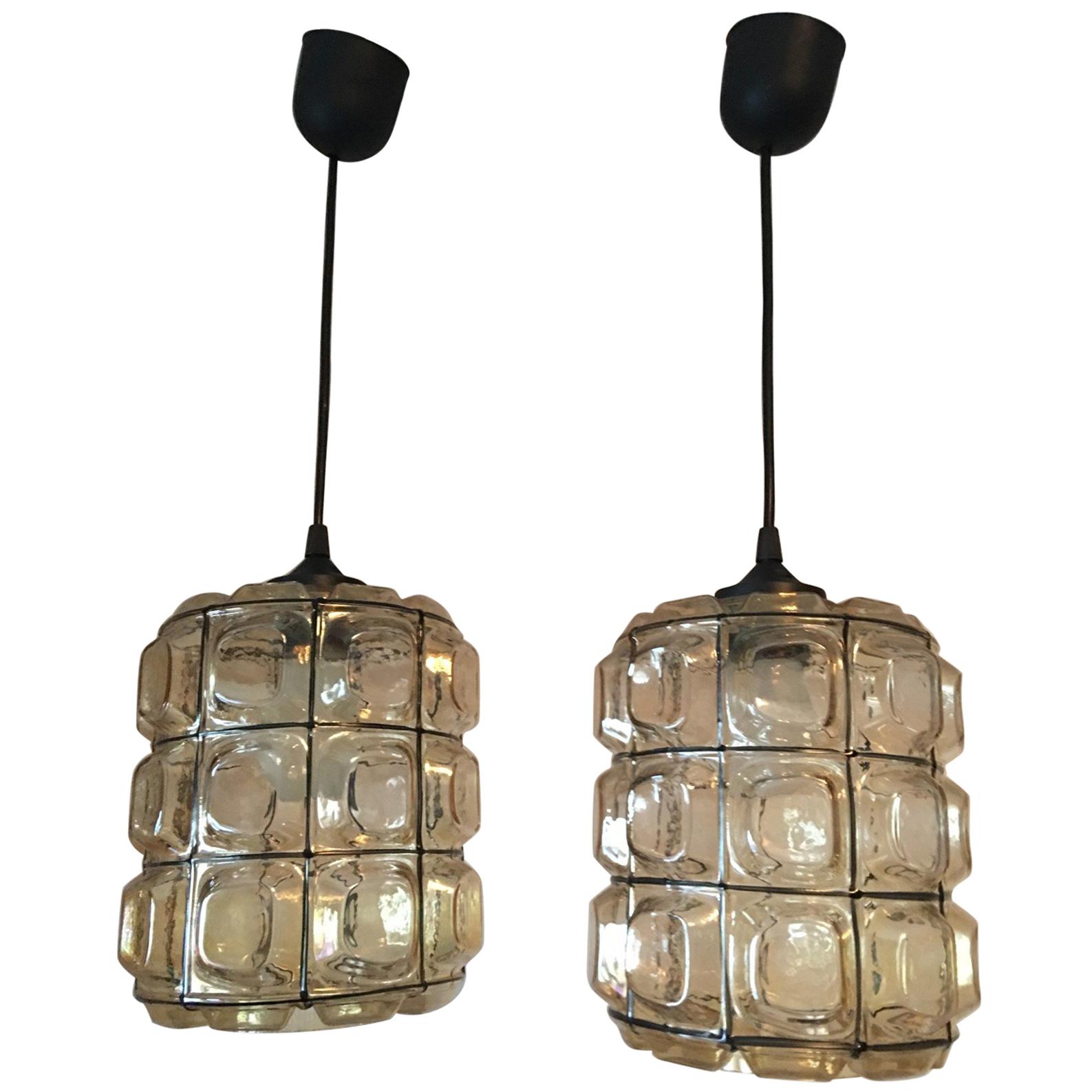 One Lovely Pair of German Limburg Style Glass Pendant Lamps For Sale