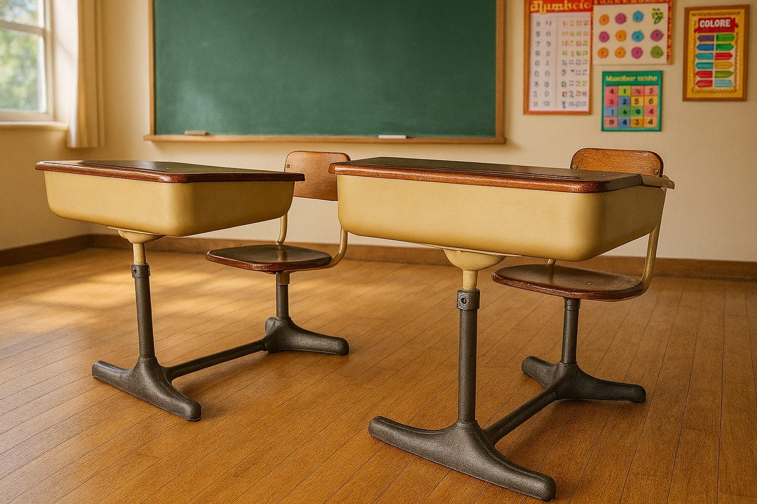 *Questo annuncio è per una sola scrivania. 

Eleva il tuo spazio con questo raro banco di scuola della metà del secolo scorso, attribuito alla rinomata American Seating Company, intorno agli anni Cinquanta. Questi splendidi pezzi restaurati