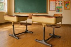 One Mid-Century Cast Iron and Oak Swivel School Desk by American Seating Co