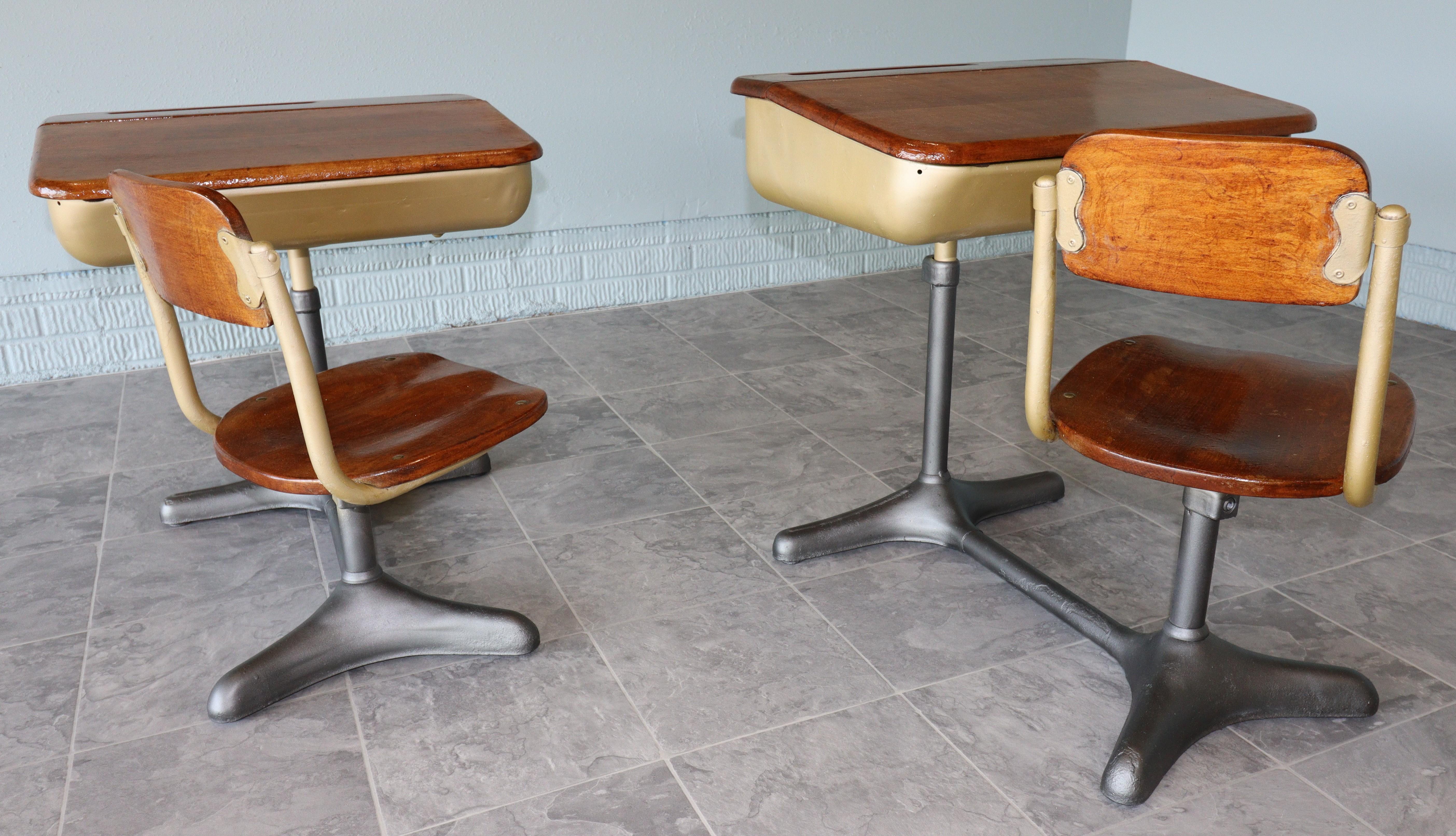 XX secolo One Mid-Century Cast Iron and Oak Swivel School Desk by American Seating Co in vendita