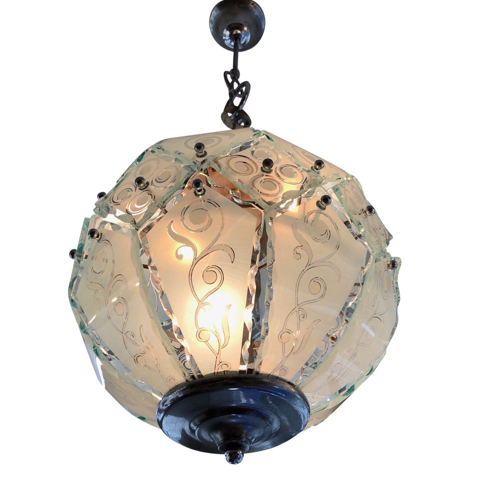 One Midcentury Italian Pastel Aqua Segmented Glass Pendant Ceiling Globe Light 2