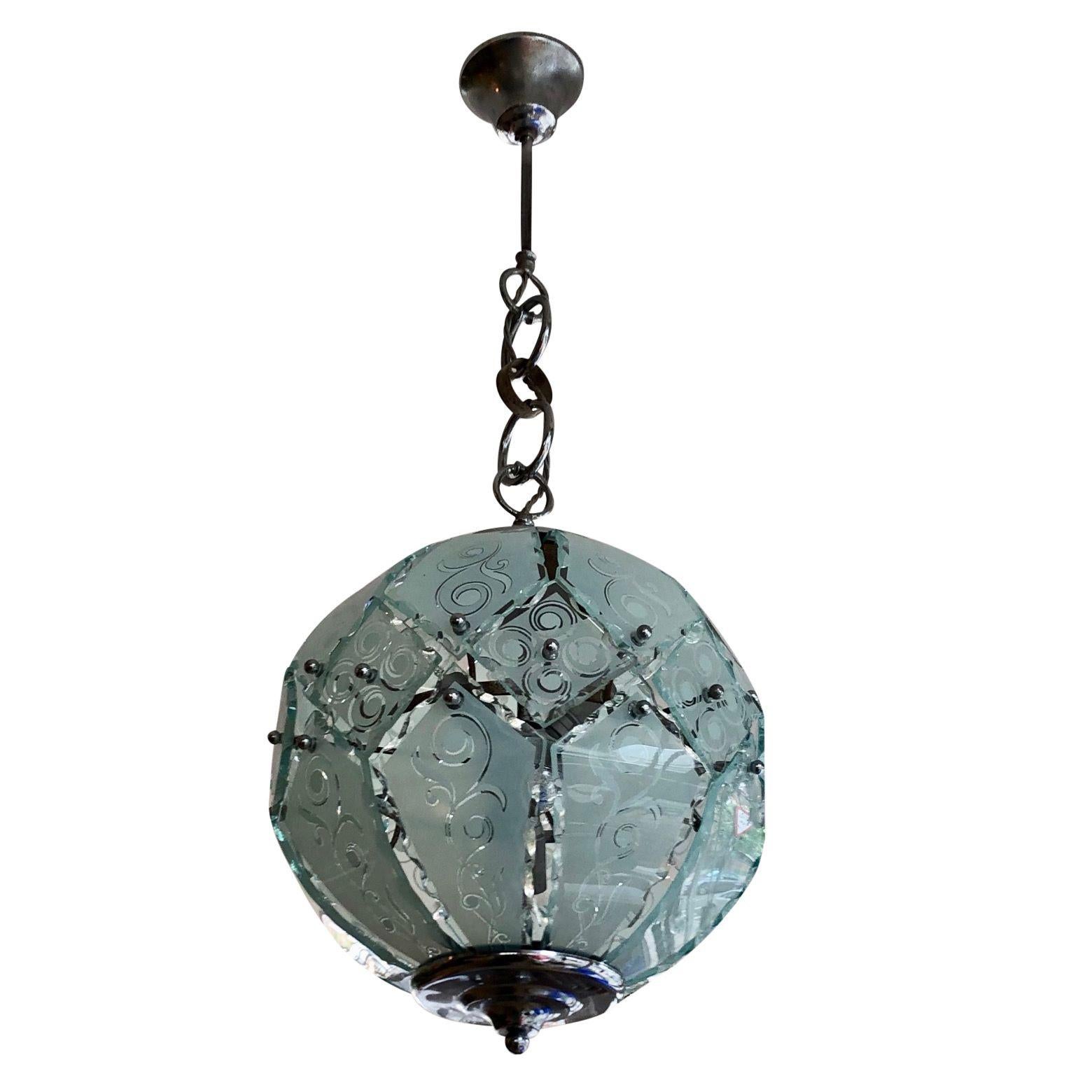 Incised and painted pastel aqua glass and chromed metal pendant ceiling globe lights, Italy, 1950s. Please note that only one is still available.
  