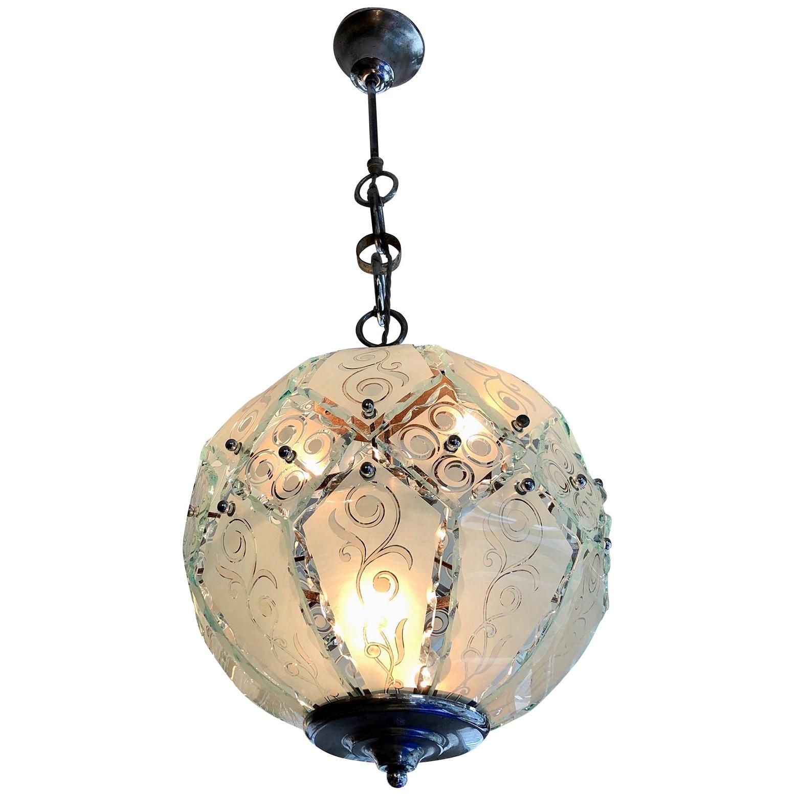 One Midcentury Italian Pastel Aqua Segmented Glass Pendant Ceiling Globe Light