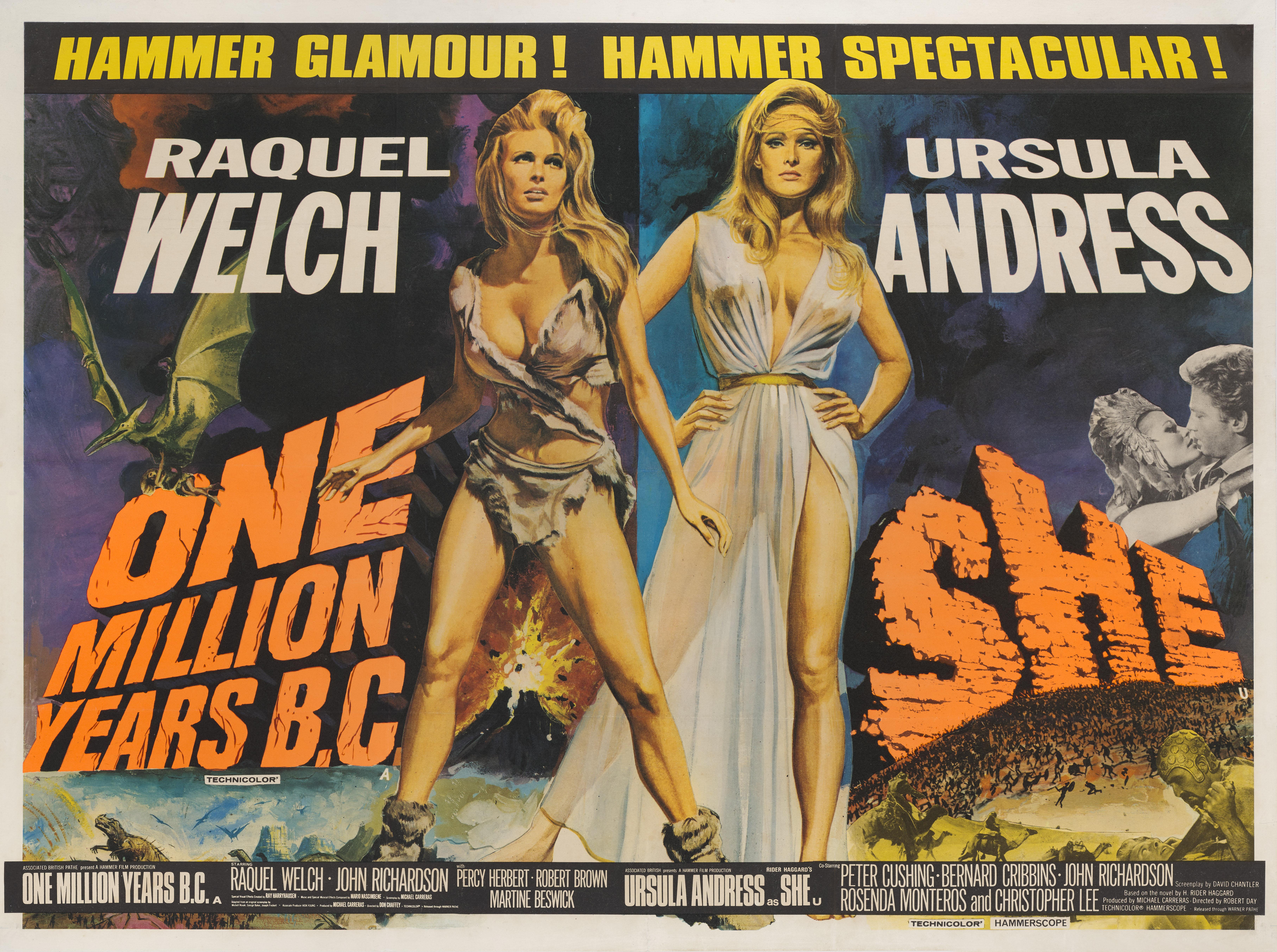 Originales britisches Filmplakat, das für eine Doppelvorstellung von Raquel Welchs Fantasy-Abenteuerfilmen She und One Million Years B.C. aus den Jahren 1965 und 1966 wirbt.