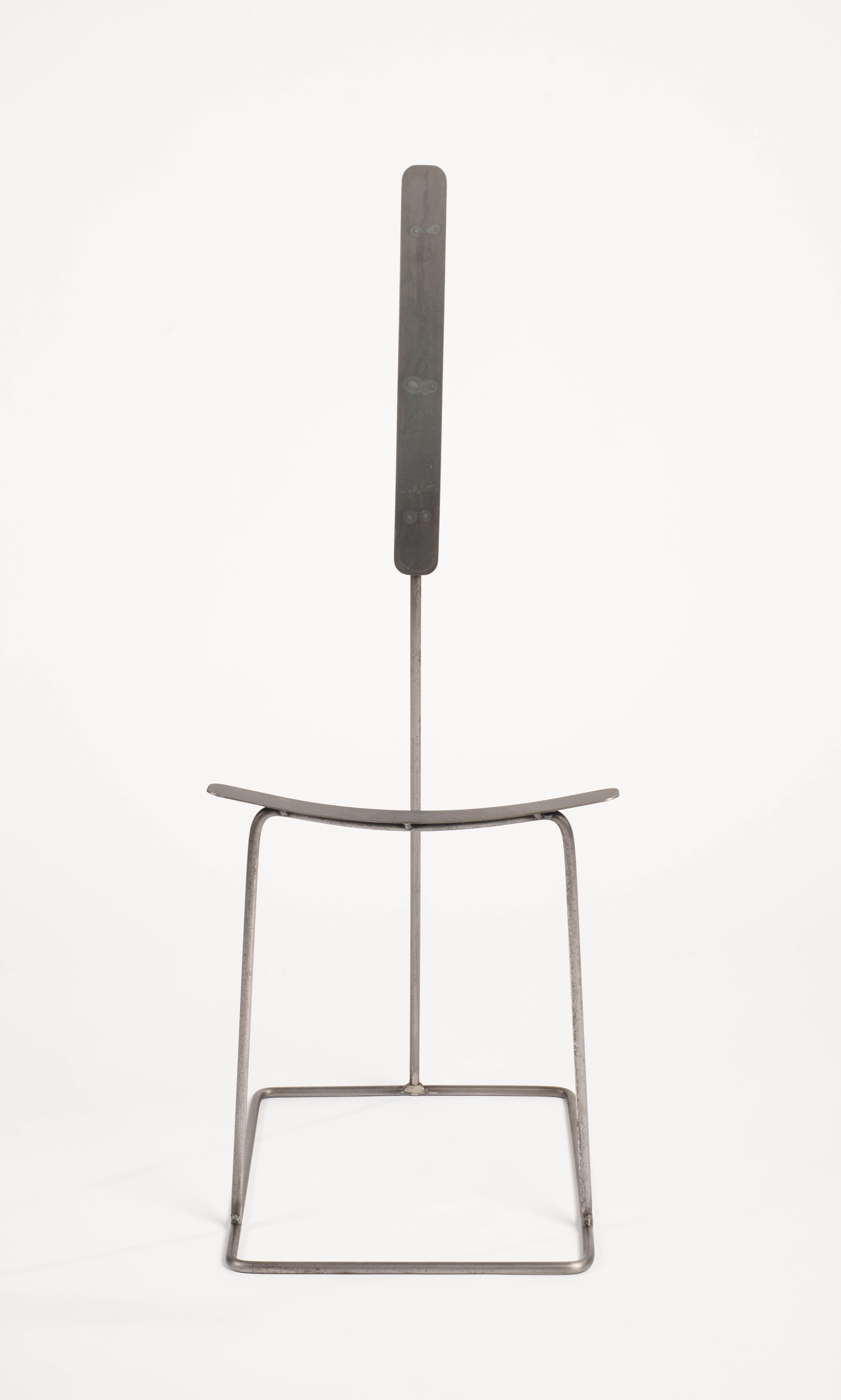 One note chair by Neil Nenner
Punctuation Marks
Dimensions: H 93 x L 40 x W 35 cm
Materials: Steel tubes and rods with a natural finish
 Corten sheets 
 
Neil Nenner (b.1977, Kibbutz Mevo Hama), Independent designer / Artist and lecture in