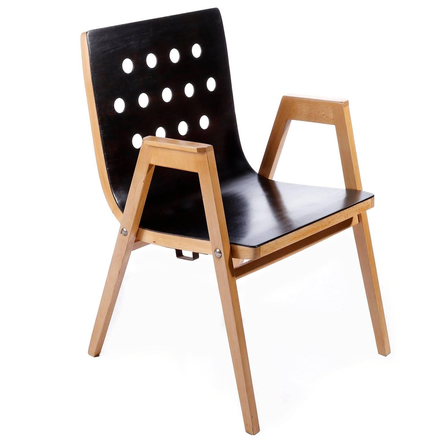 One of Ten Roland Rainer Stacking Chairs P7, Bicolored Beech Black Austria, 1952 4