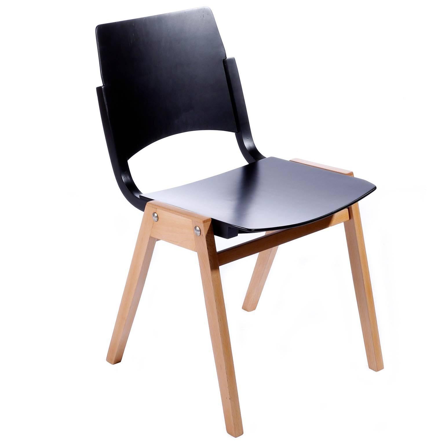 Painted One of Ten Roland Rainer Stacking Chairs P7, Bicolored Beech Black Austria, 1952