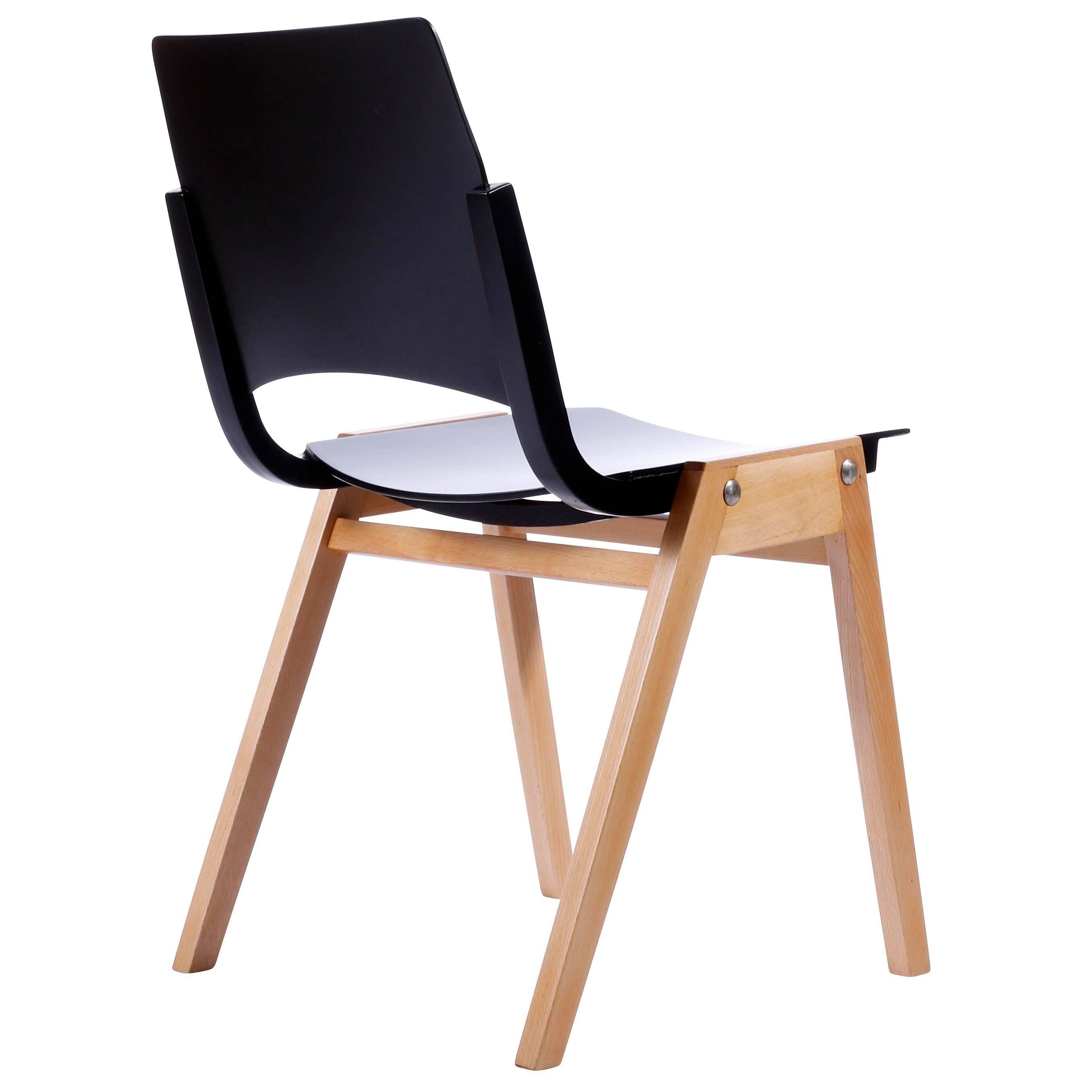 One of Ten Roland Rainer Stacking Chairs P7, Bicolored Beech Black Austria, 1952 1