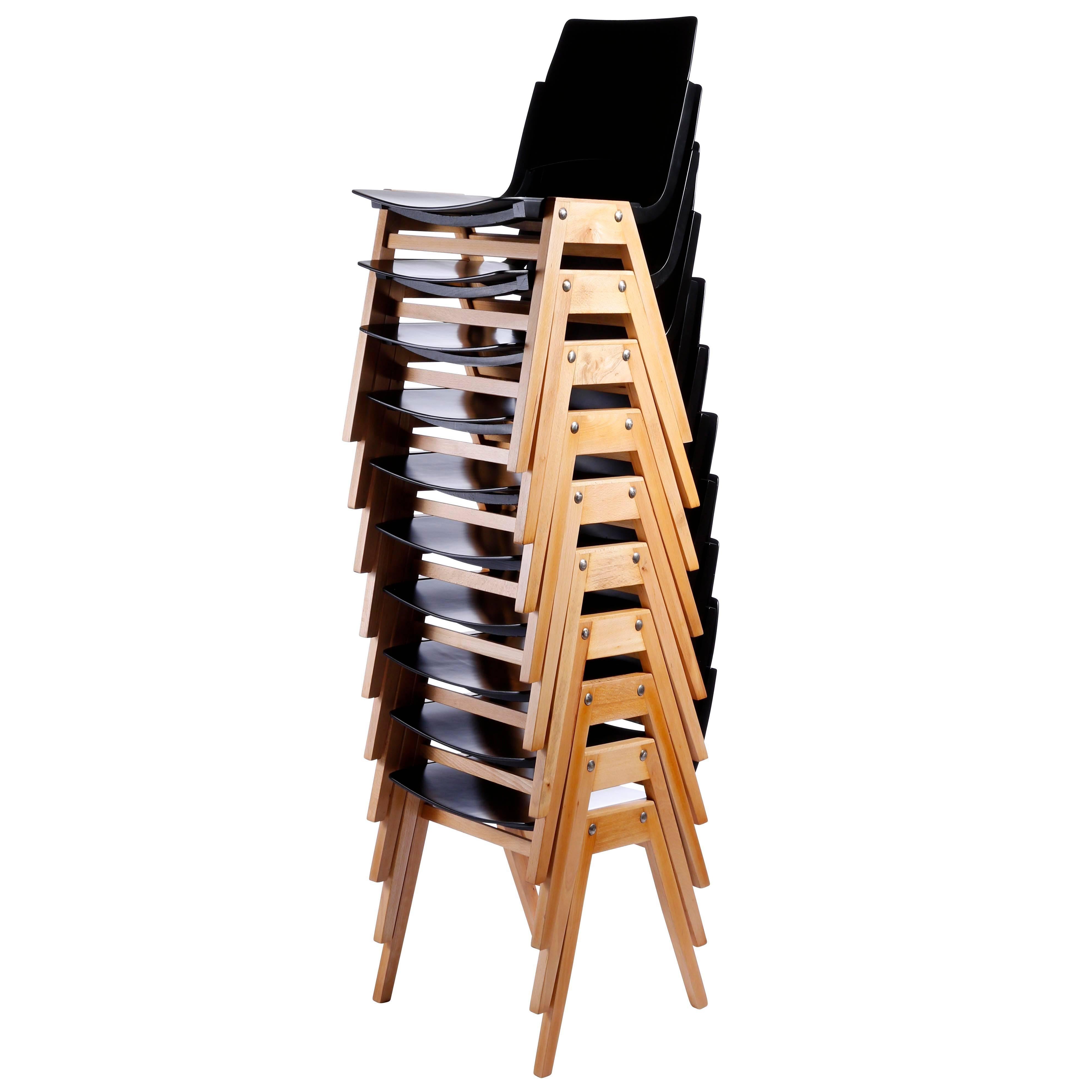 One of Ten Roland Rainer Stacking Chairs P7, Bicolored Beech Black Austria, 1952 3
