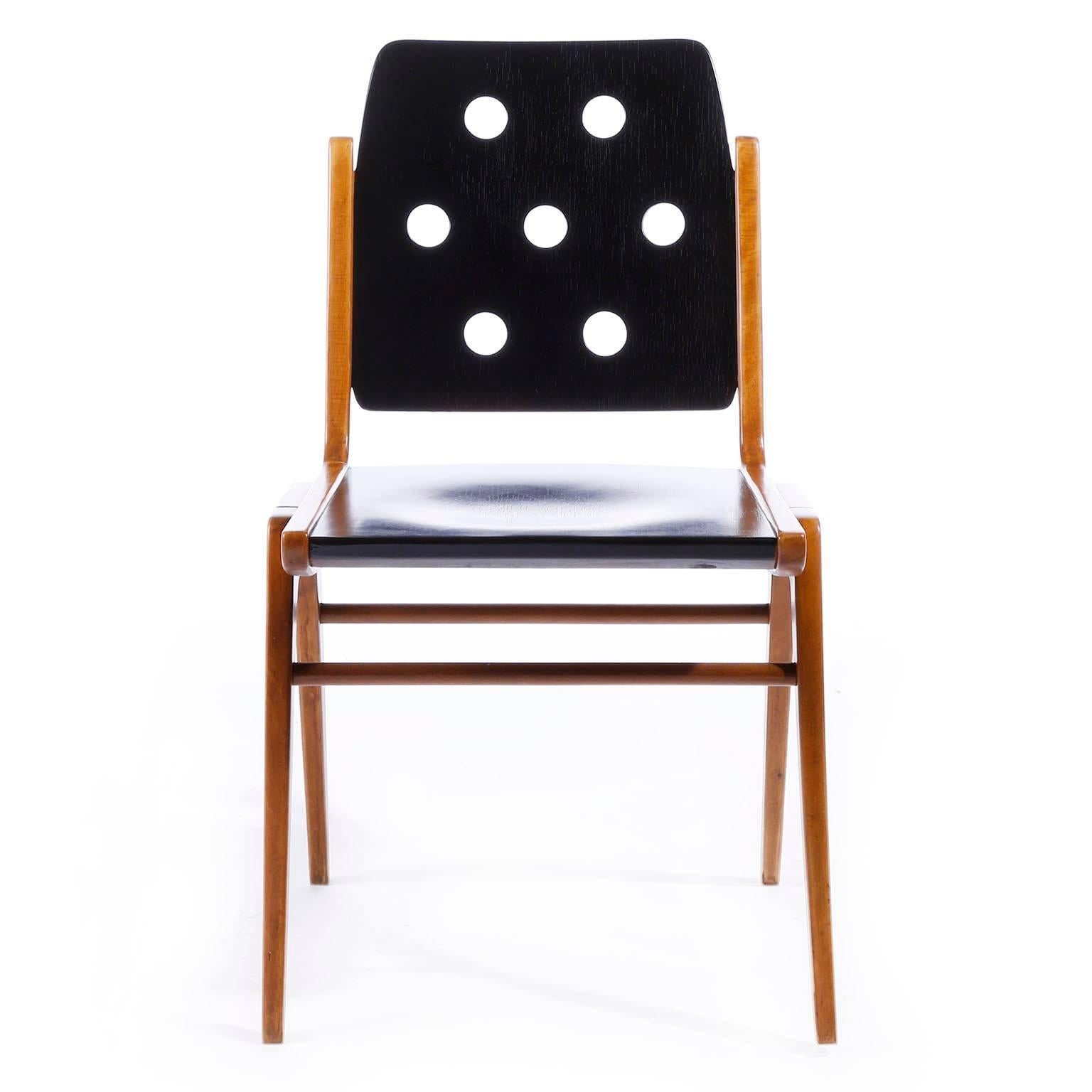 Mid-Century Modern One of 12 Stacking Chairs Franz Schuster, Bicolored Beech Black, Austria, 1959