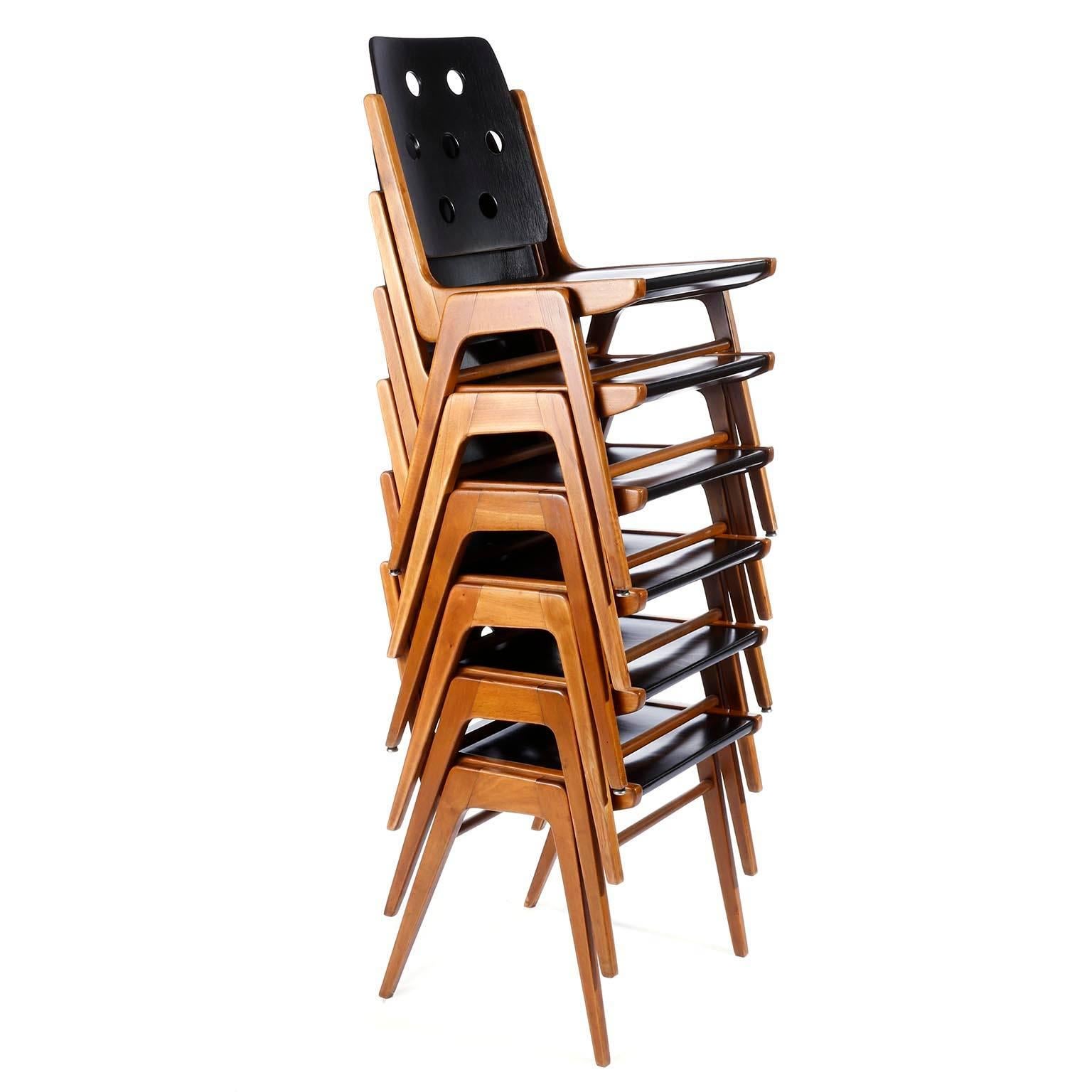 Mid-20th Century One of 12 Stacking Chairs Franz Schuster, Bicolored Beech Black, Austria, 1959