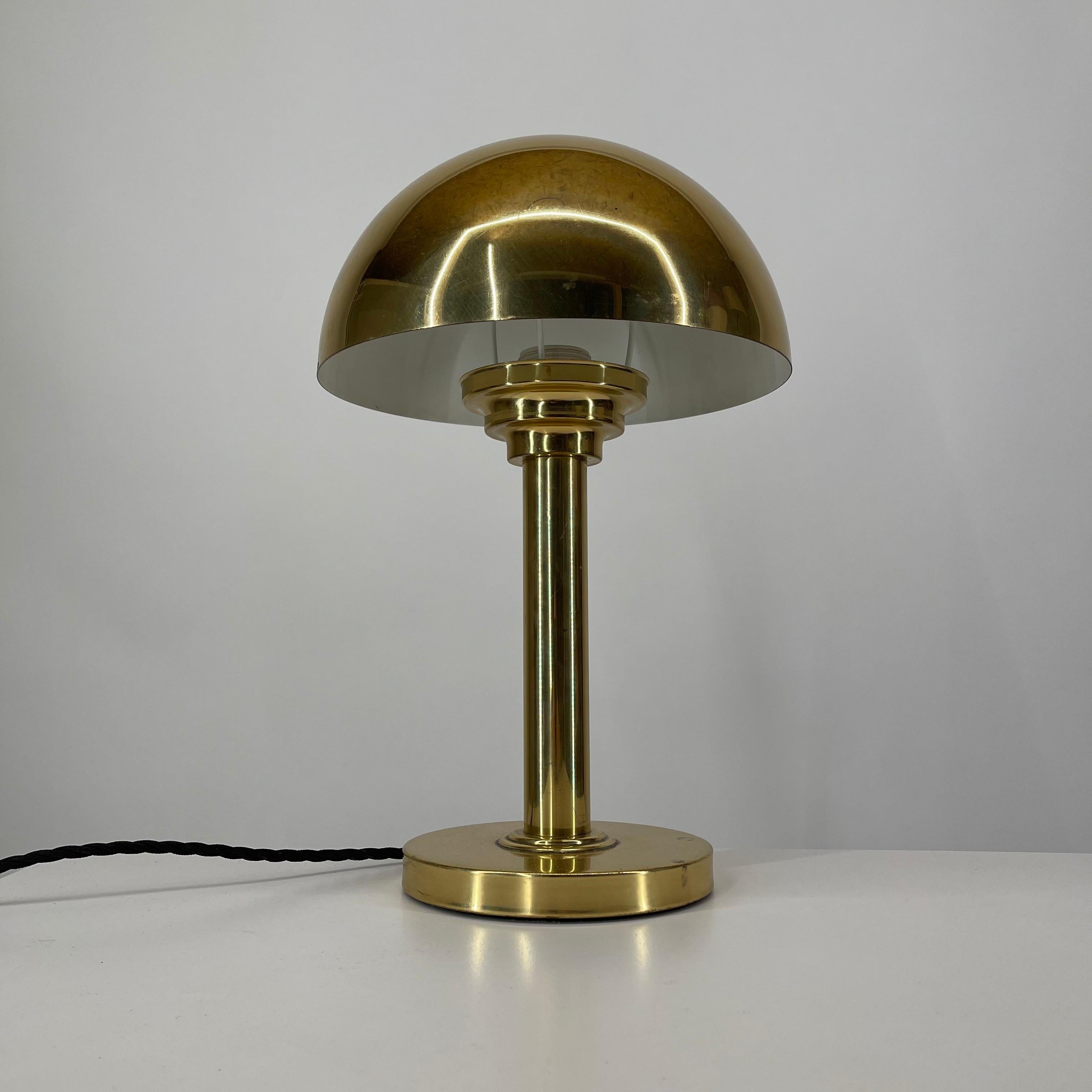 One of 7 Art Deco brass mushroom table lamps, Austria, 1970s. Patinated brass. Rewired with cloth cable.