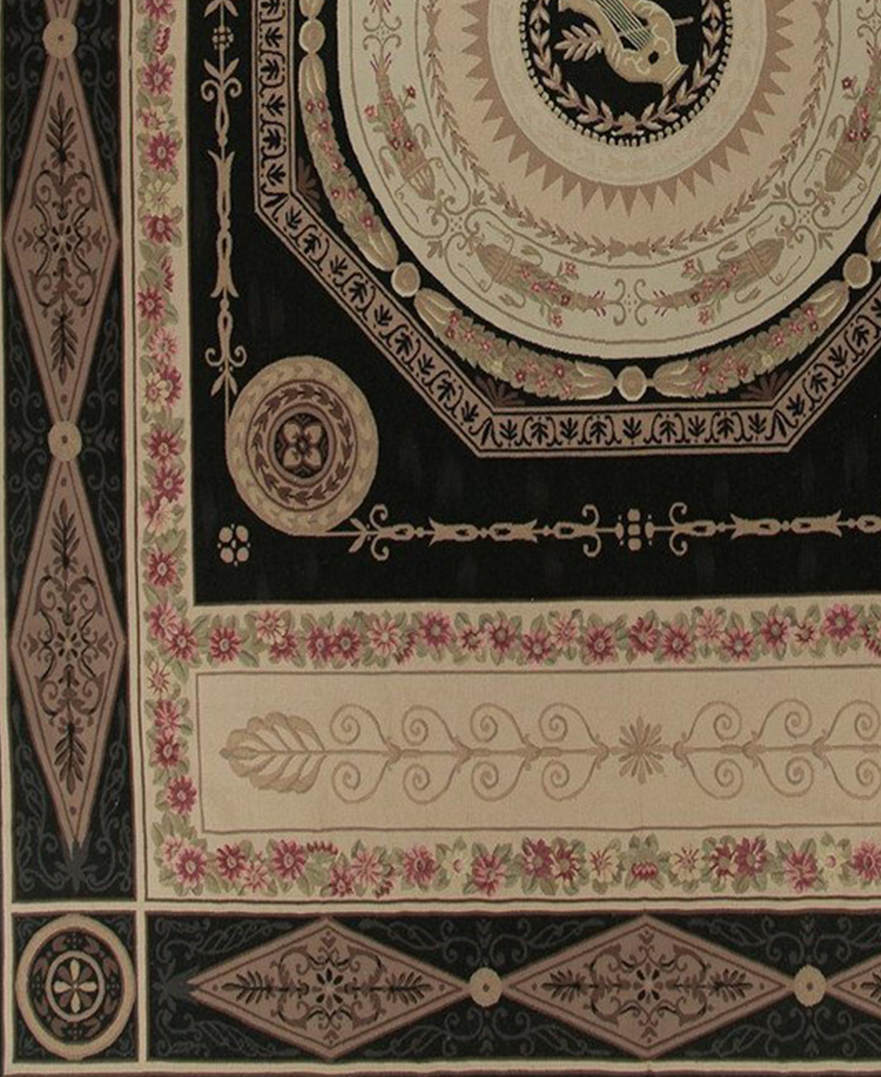 Based on an original Asmara painting by Russian theatre artist Ludmila Slavinsky who imbued an Empire Aubusson design with the drama of a set for the Bolshoi Ballet. Made with ancient French Aubusson dyeing and weaving methods, this handwoven